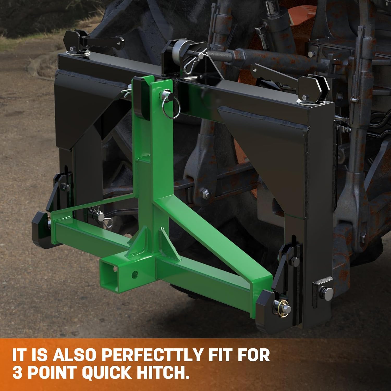 Green 3 Point Hitch Receiver Quick Hitch Compatible, 3 Point Trailer Hitch 2" Receiver for Category 1 Tractor, 3 Pt Trailer Towing Hitch Tractor Drawbar for Kubota, John Deere, BX, Kioti, Yanmar etc - Image 6