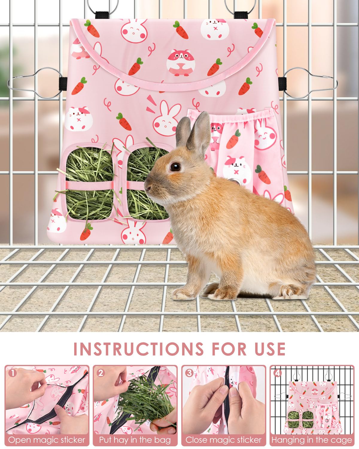 Bissap 2PCS Rabbit Hay Feeder Bag, 2 Holes Hanging Hay Feeder Guinea Pig Hay Bag for Rabbits Bunny Chinchillas Hamsters Rats and Other Small Pets Small Animal - Pink & Beige - image 6