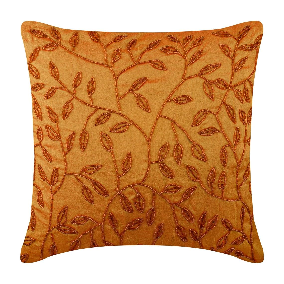 The HomeCentric Orange Throw Cushions Cover, Beaded Leaf Tropical Theme Throw Cushions Cover, 35x35 cm (14x14 inch) Cushion Covers, Square Silk Cushions Covers for Couch, Floral - Citrus — image 1