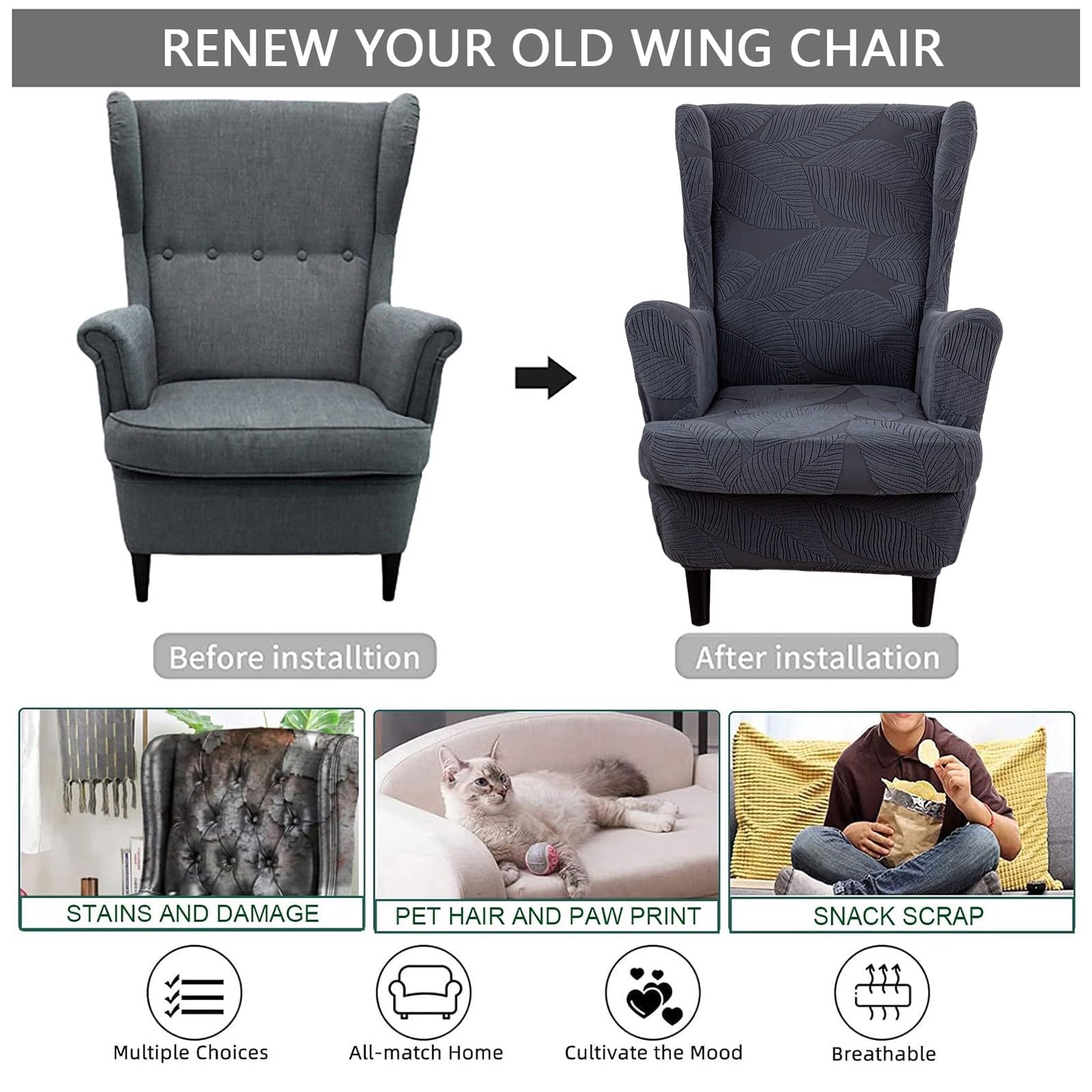 HAOYONG Wingback Stoelhoezen, 2 stuks, stretch, elastaan, bedrukte sofahoes, zachte meubelbeschermer voor woonkamer, slaapkamer, vleugelstoel