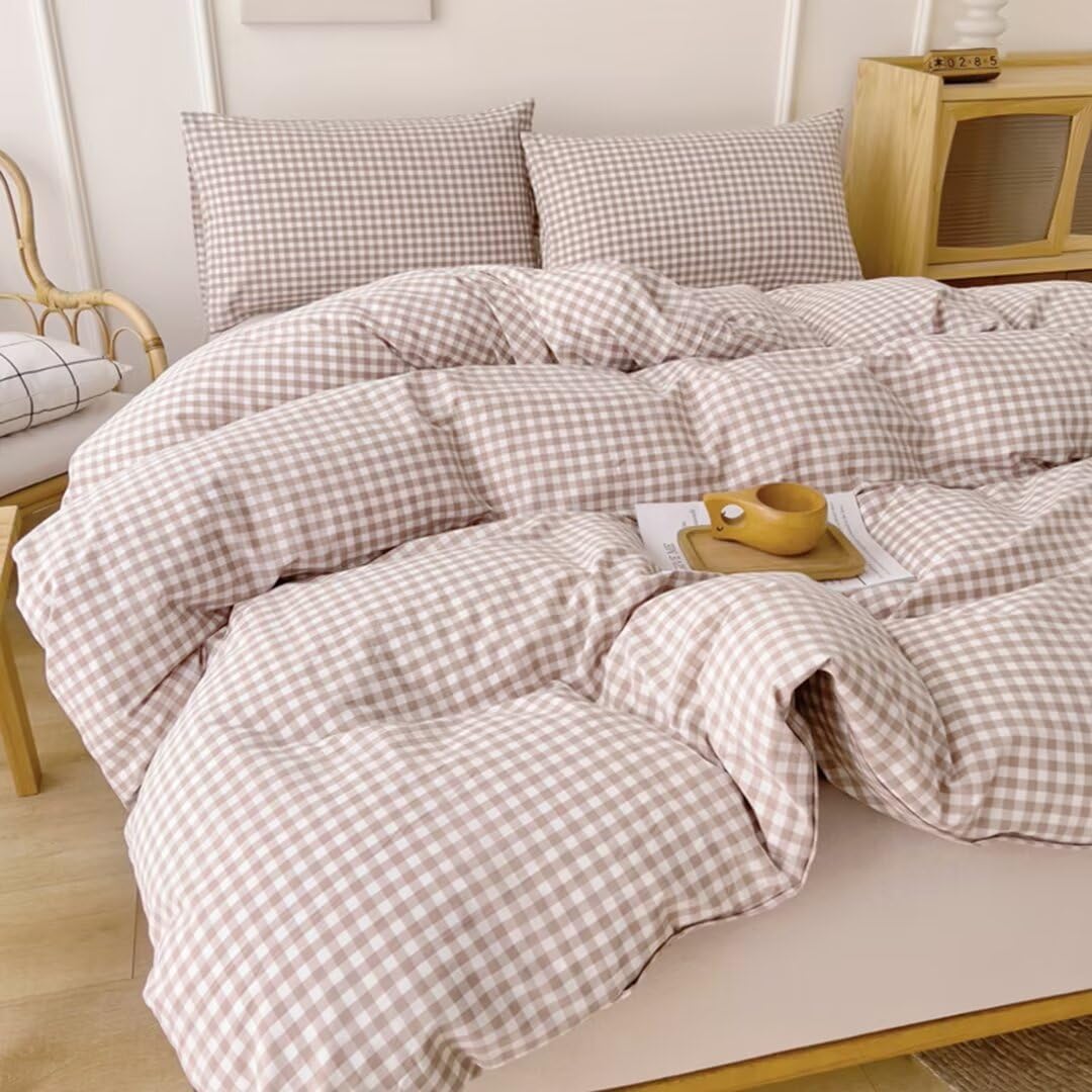 Ruccit Beige Gingham Duvet Cover King Size 100% Washed Cotton Tan Plaid Grid Duvet Cover Set King Checkered Pattern 3PCS Quilt Cover Bedding Set including Zipper Closure Corner Ties,Soft,Breathable - Image 3