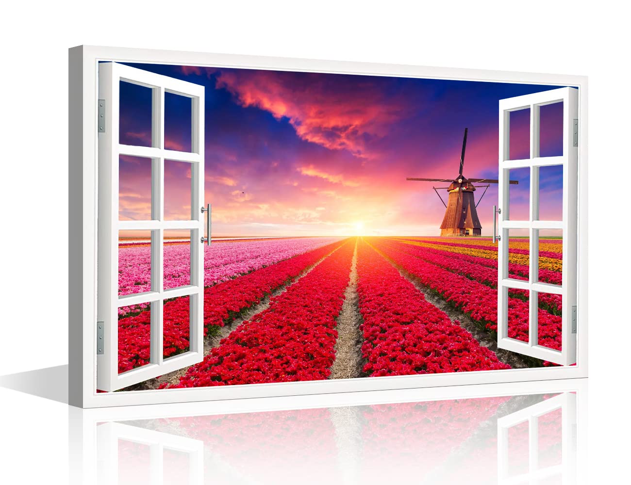 Canvas Wall Art Mural Window View Vibrant Sunset Dutch Windmill Flower Field Nature Wilderness Photography Realism Landscape Multicolor for Living Room, Bedroom, Office Framed Ready to Hang-18"Wx12"H โ image 1