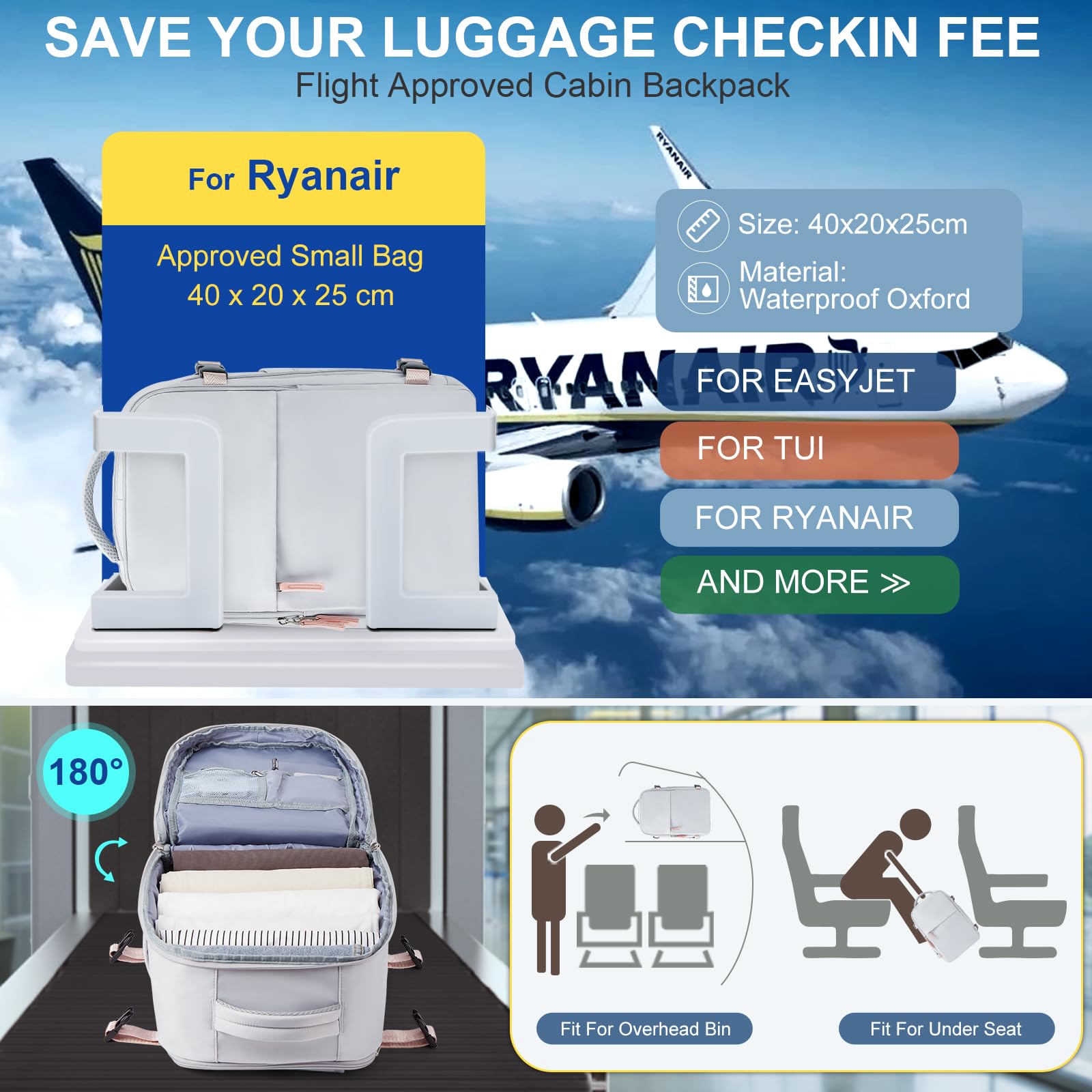 SZLX Zaino Ryanair 40x20x25 Bagaglio a Mano zaino Borse da Cabina per Easyjet 45x36x20 Zaino da Viaggio donna con porta ricarica USB, Borsa da Viaggio aereo Zaino Computer Impermeabile Casual Daypack