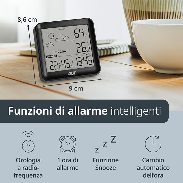 ADE Piccola stazione meteorologica digitale con sensore esterno e previsioni meteo | temperatura interna ed esterna | Umidità | Orologio radio con sveglia | batterie incluse | nero - 4