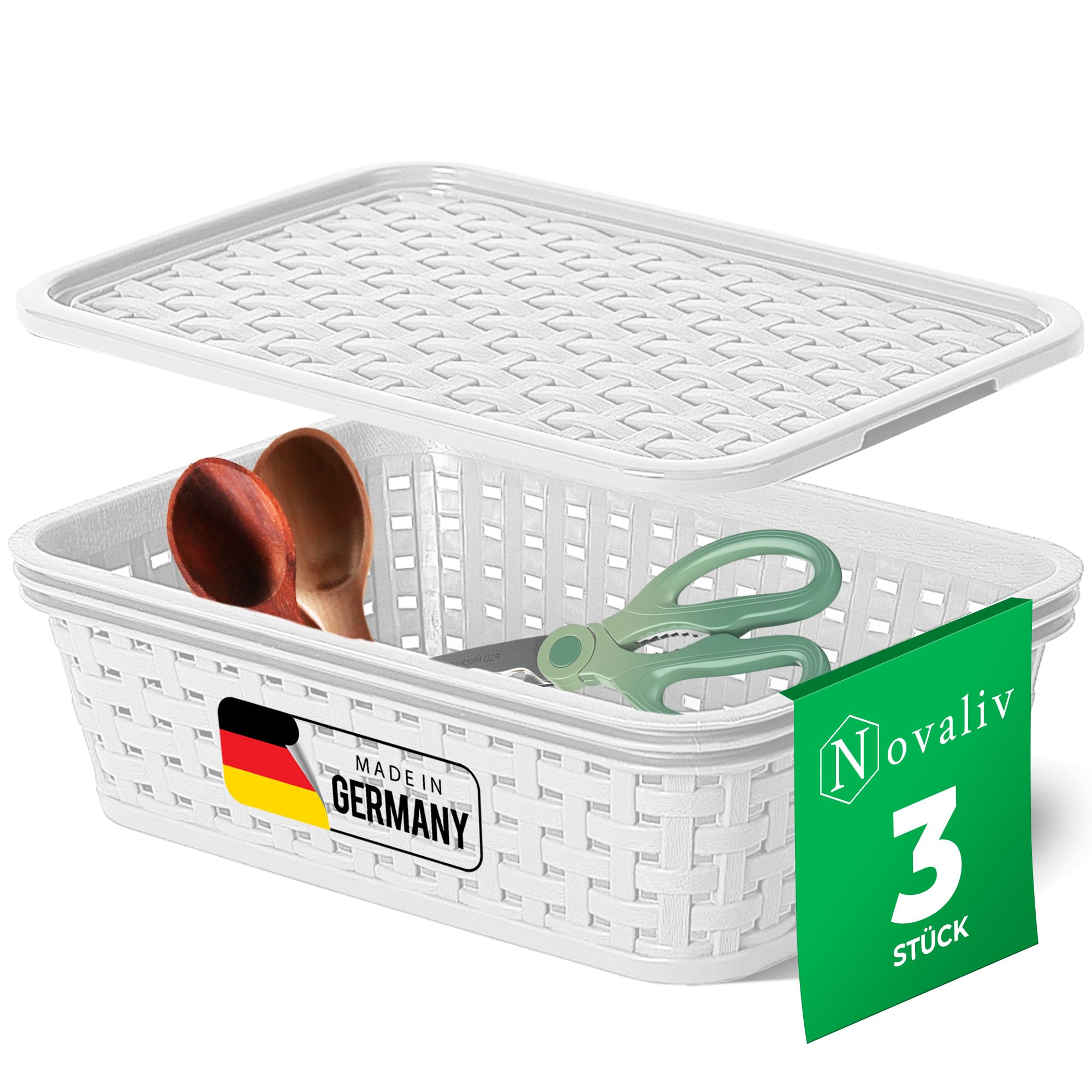 Novaliv Set 3 Contenitori Per Alimenti Con Coperchio – 1 Litro, Plastica Effetto Rattan, Impilabili, Senza BPA, Per Dispensa E Spezie, 20x14x6,5 Cm, Made In Germany - 2