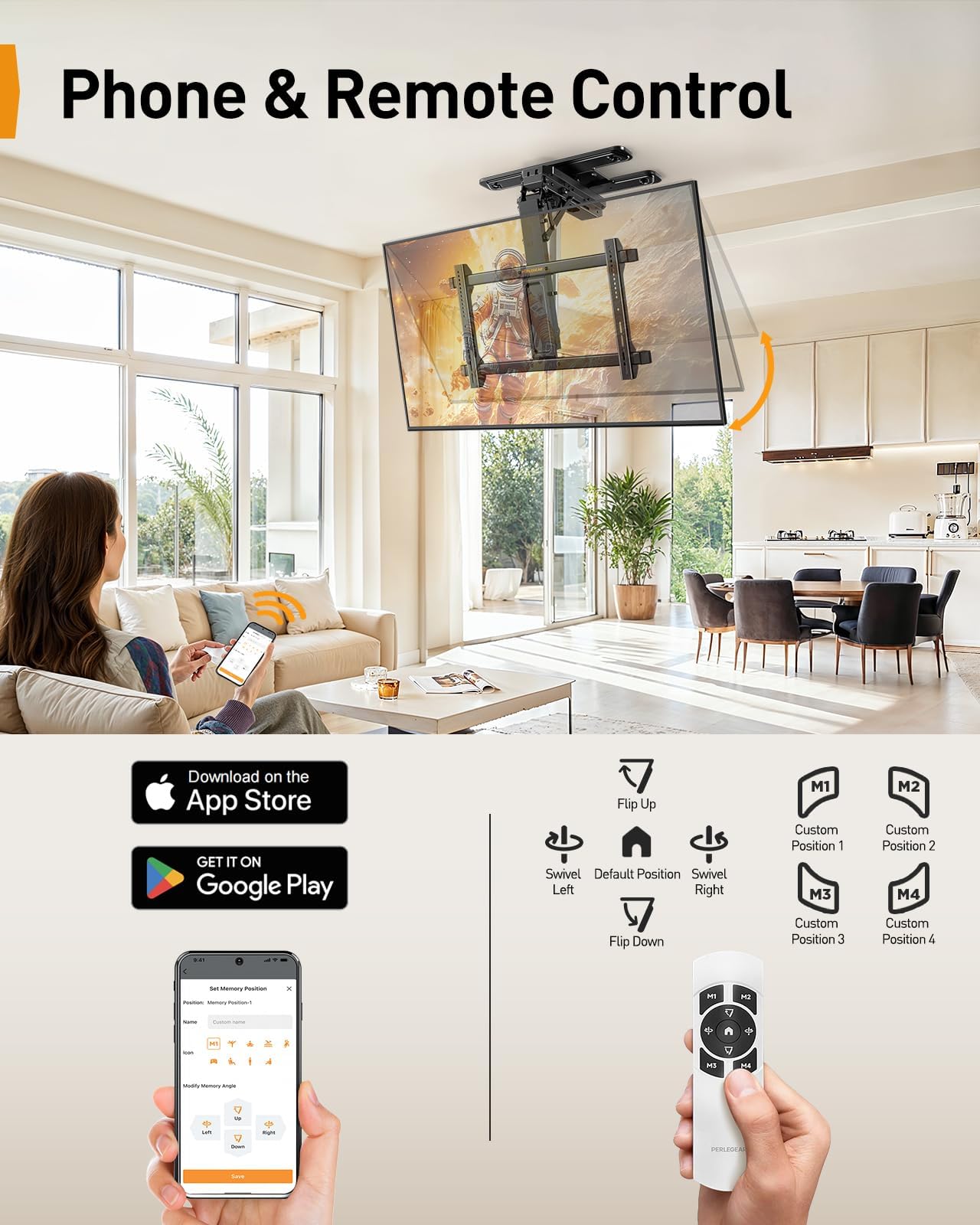 Perlegear Soporte eléctrico de techo para TV con aplicación y control remoto, soporte de techo motorizado de movimiento completo para televisores planos y curvos de 32 a 75 pulgadas de hasta 110