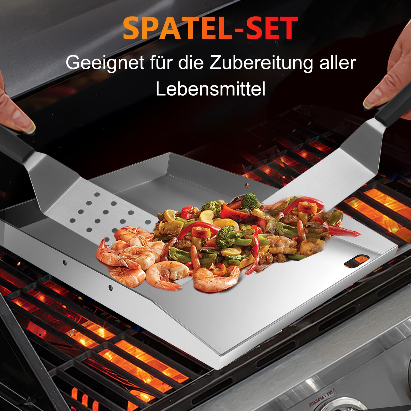 Plancha Grillplatte, Premium Plancha Set, 4 mm Edelstahl Plancha Grill Platte 40 x 30 cm für BBQ Gasgrill & Kohlegrill geeignet mit abnehmbarem Griff, Fettablauf, 3 Grillspatel-Set und 2 Ölpots