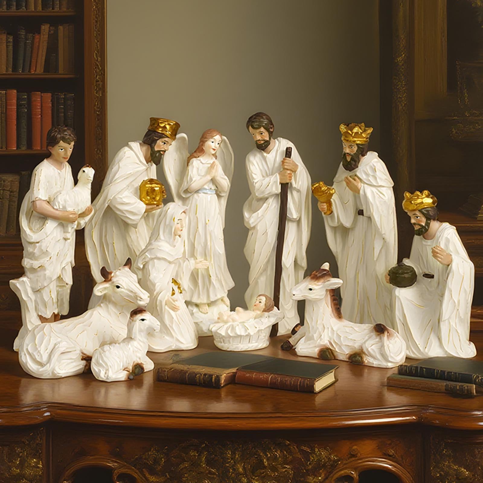 Statua in resina per presepe della Sacra Famiglia, ornamento natalizio da tavolo con stalla e mangiatoia per casa, vacanze, presepe natalizio