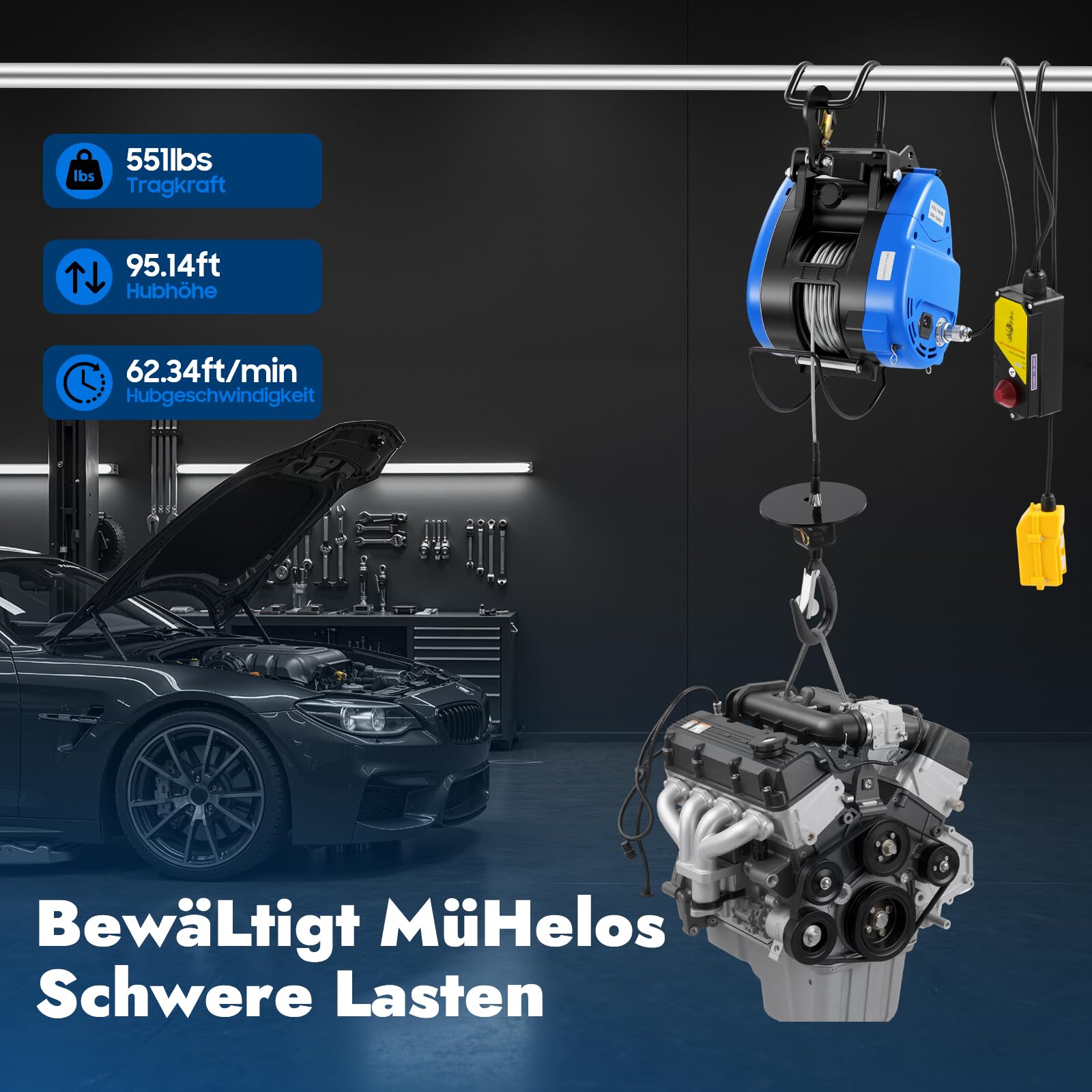 Elektrische Seilwinde 1500W 30 m, Elektrohebezeug bis 250 kg Tragkraft, Tragbare Winde mit Stahlseil und fernbedienung für Werkstatt, Garage und Baustelle