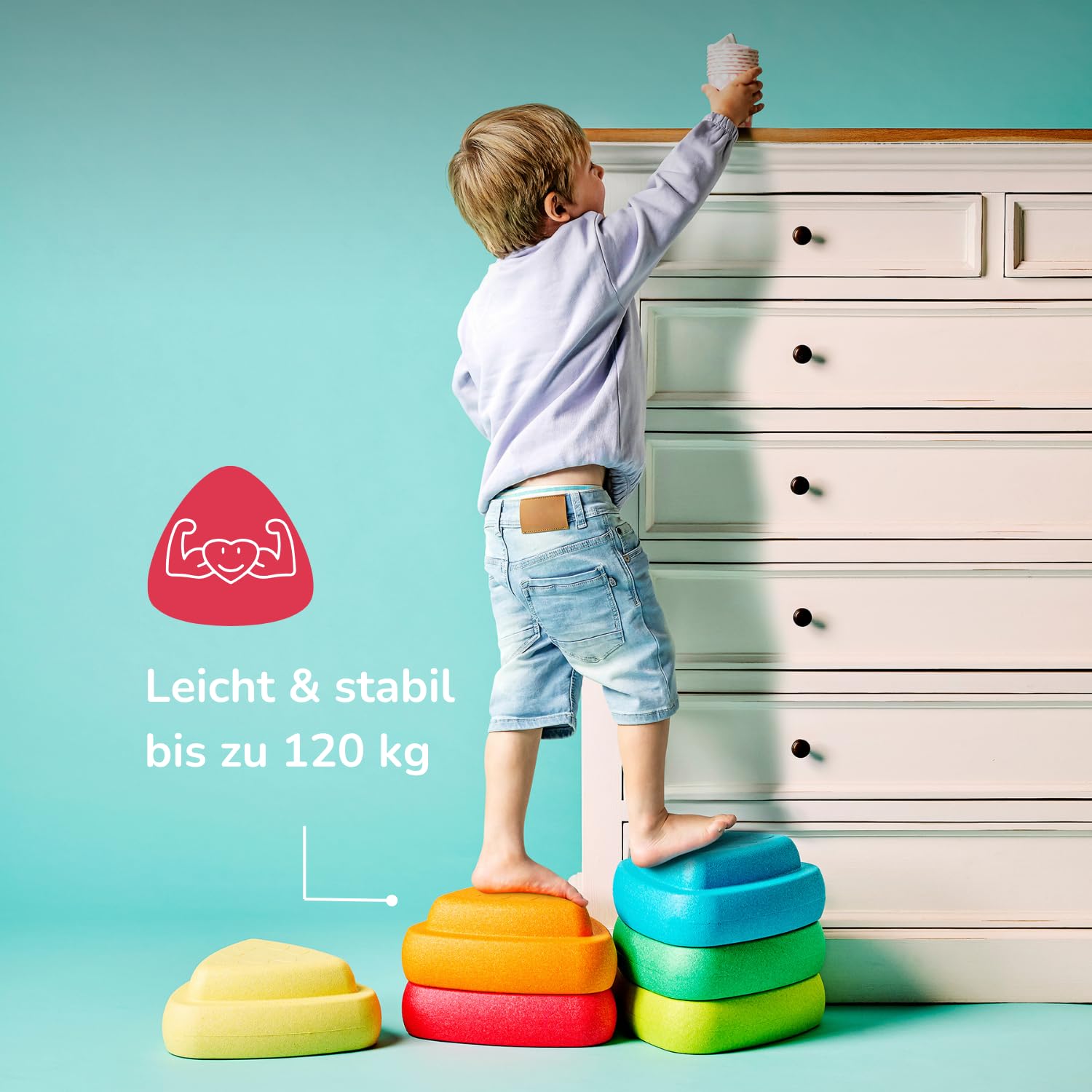 Nattou Blocky Balancesteine für Kinder - Stapelbare Spielsteine - Rutschfestes Sensorisches Spielzeug - Innen & Außen - Fördert Gleichgewicht & Motorik - 50 cm - Mehrfarbig