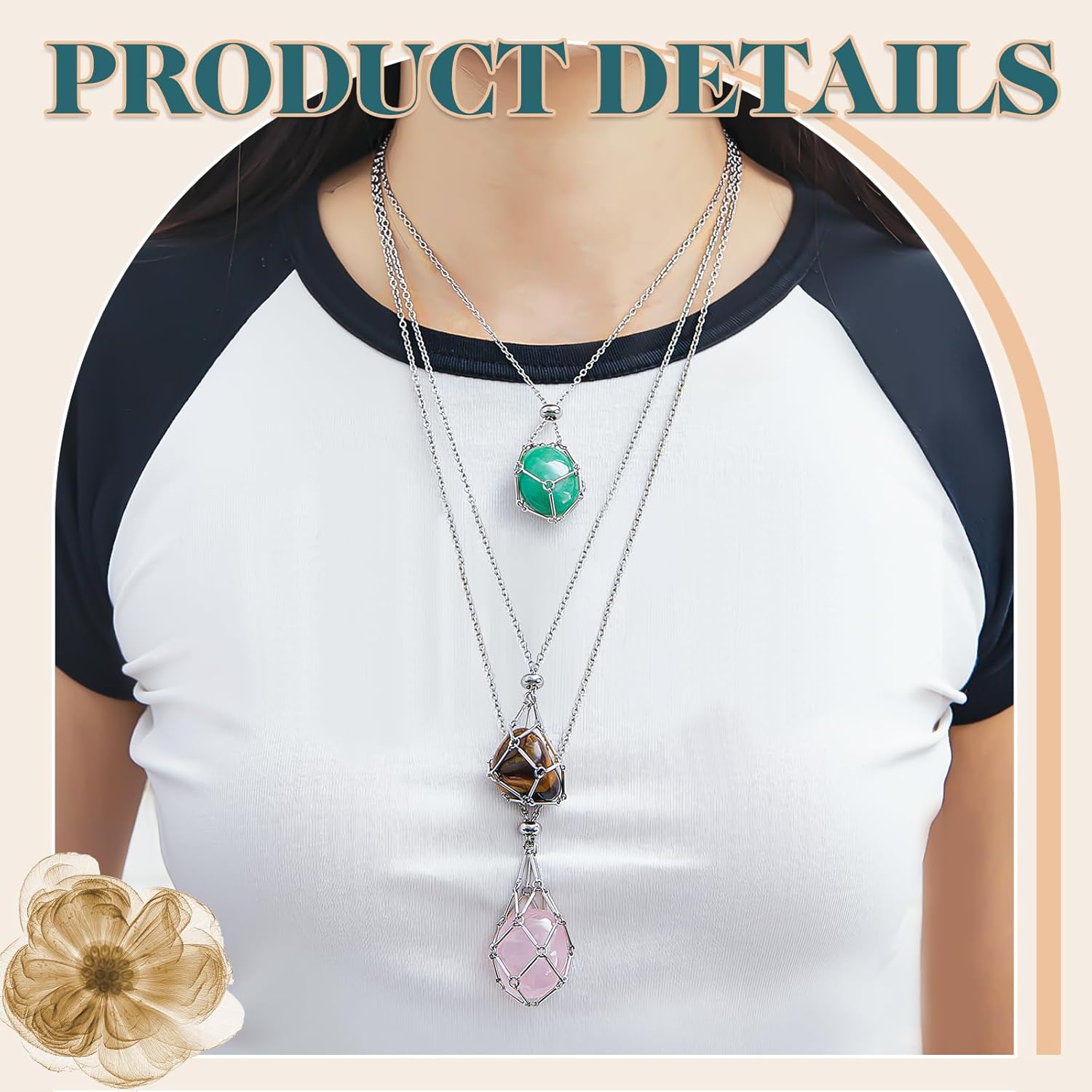 Tondiamo 3 Pcs Adjustable Crystal Necklace Holder, Titanium Alloy Empty Stone Cage Cord Necklace,Boho Fish Netted Pendants for Women Men Quartz Gemstone Craft DIY Jewelry Making, 3 Sizes - Image 3