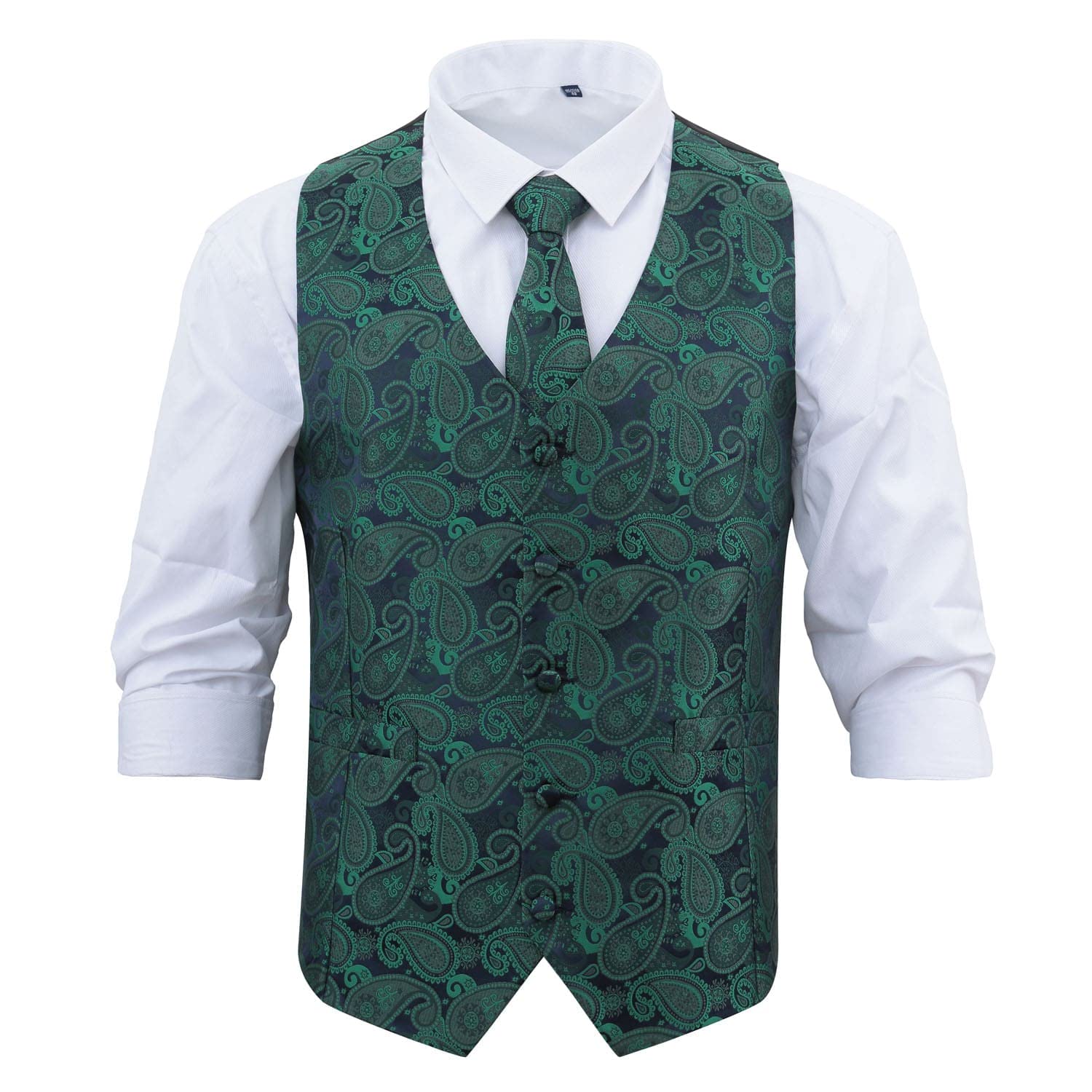 Dqt Men's Navy & Green Paisley Bohemian Waistcoat & Tie Set (2Pc) - Wedding, Business & Formal - M 38"