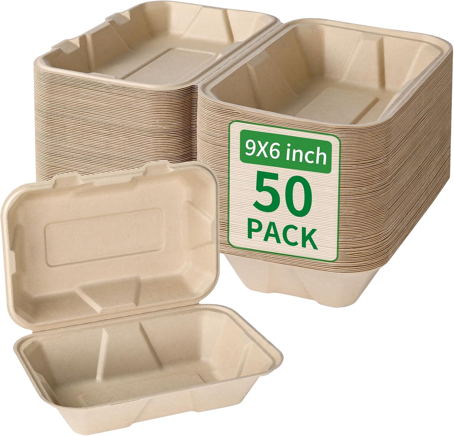 Aricsen Compostable 50 Pack 9x6 Inch Takeout Lunch Box Containers with Lid To Go Take Out Clamshell for Food, Disposable Eco-Friendly Biodegradable Bagasse, PFAS-Free, Brown 50 9×6 Inch