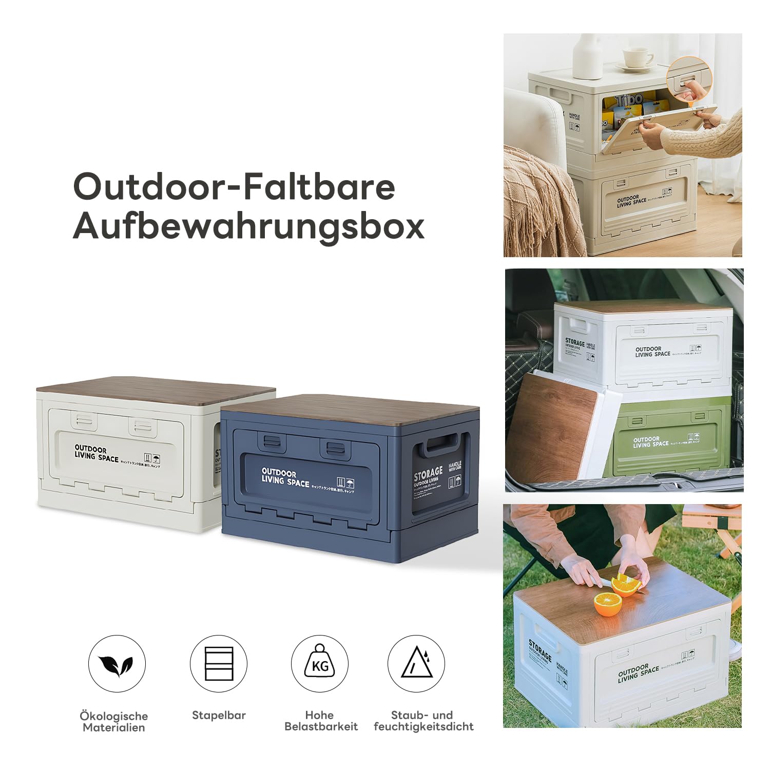 Klappbare Camping-Aufbewahrungsbox mit Deckel, klappbare Aufbewahrungsbox,Klappbarer Lagerbehälter,stapelfähig – für Camping, Outdoor, Kofferraum & Picknick (Weiß-B, 55 L)