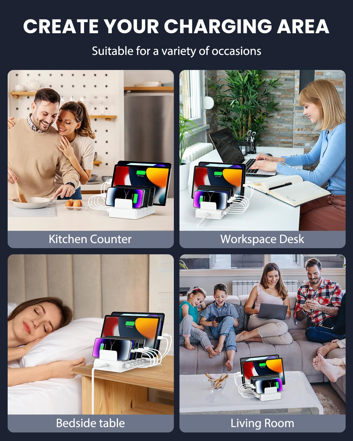 Stazione di ricarica per più dispositivi, 50 W, 6 porte, stazione di ricarica rapida per iPhone, iPad, cellulare, tablet, stazione di ricarica multi-dispositivo con 6 cavi di ricarica