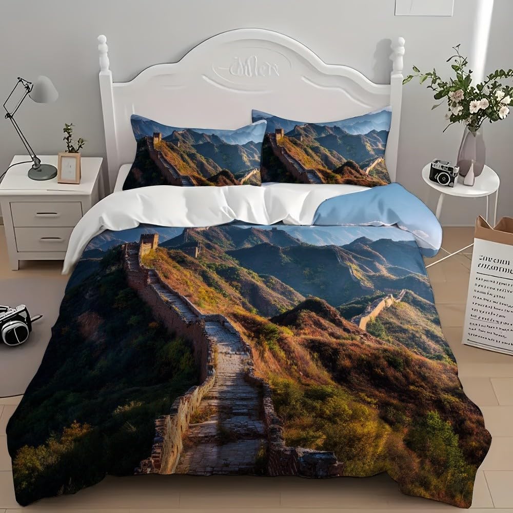 3-częściowy komplet pościeli z mikrofibry, z zamkiem błyskawicznym – poszewka na kołdrę 240 x 220 cm i 2 poszewki na poduszkę 80 x 80 cm, naturalny krajobraz, miękka, oddychająca poszewka na kołdrę