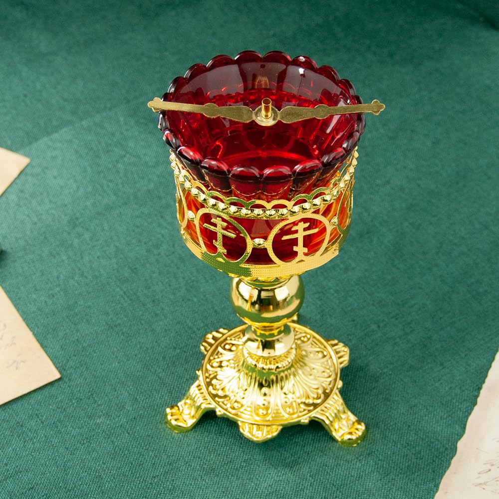 Lampada ortodossa per chiesa ortodossa, portacandele ortodossa placcata oro con tazza di vetro rosso, lampada a olio con design a croce a 3 barre per preghiera domestica, culto della chiesa