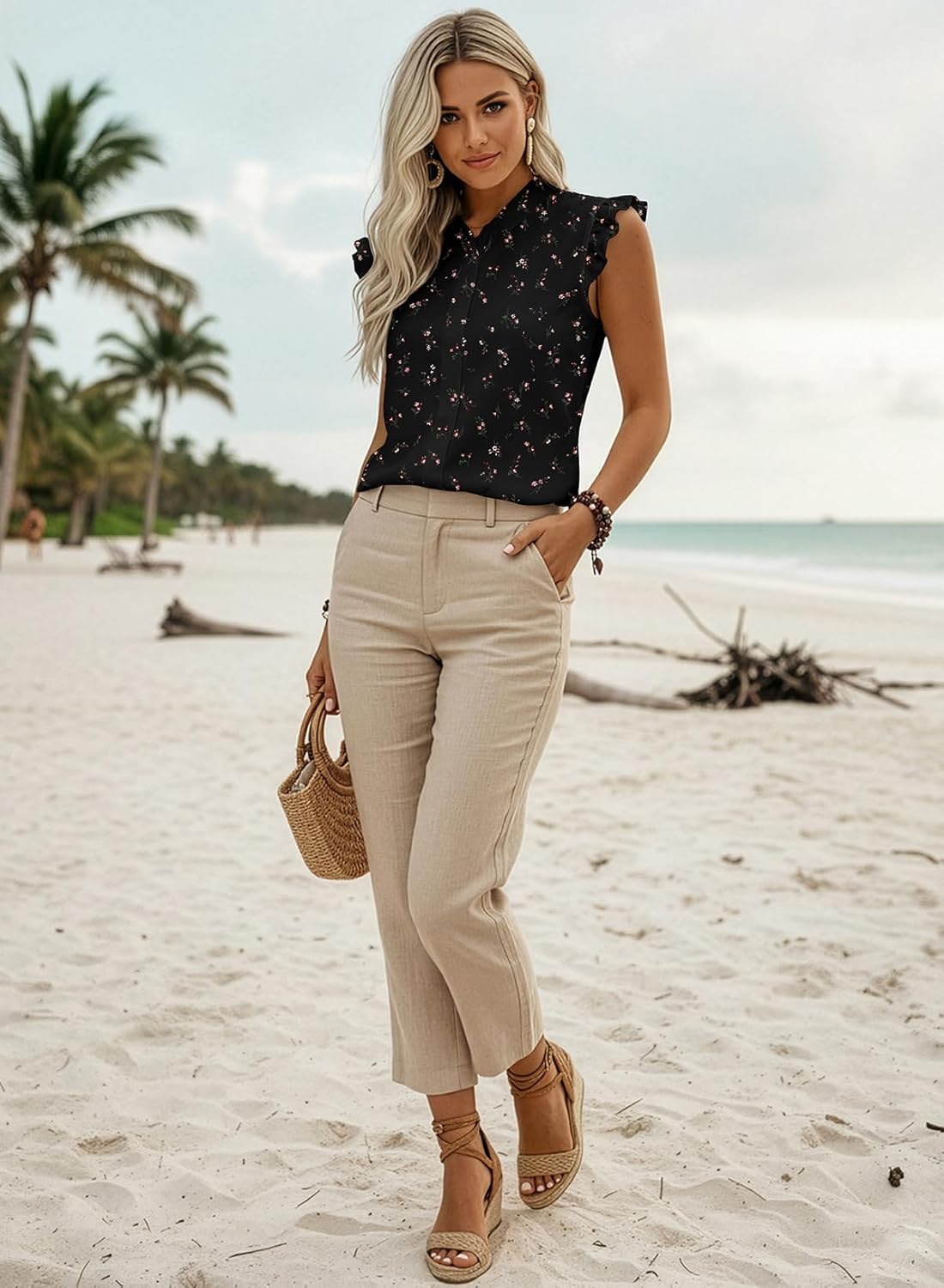 Astylish Womens 2026 Floral Chiffon Blouses V Neck Ruffle Sleeve Fitted Tops Boho Chic Tank Shirts - Image 2