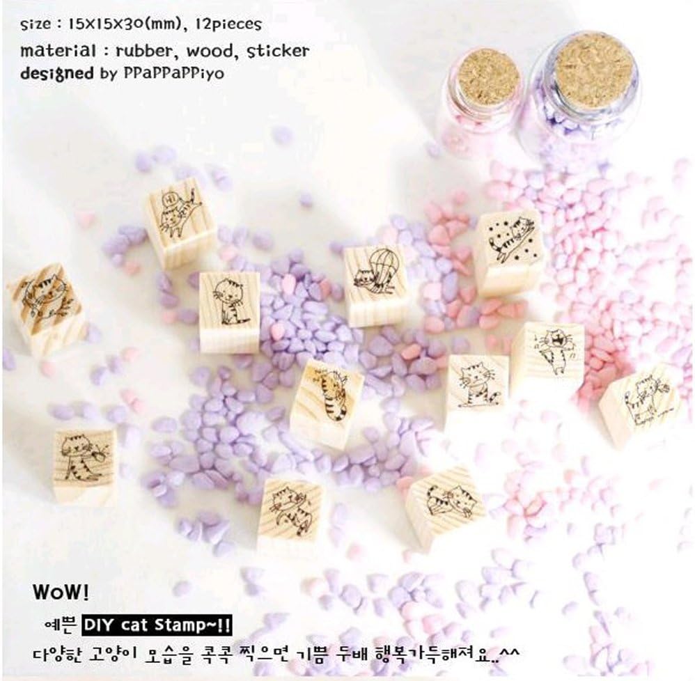 Youkwer 12 Pcs Mini Cute Wooden Rubber Stamps Set for Letters,Diary Craft,Scrapbooking in Matchbox（Vintage Lovely Cat）