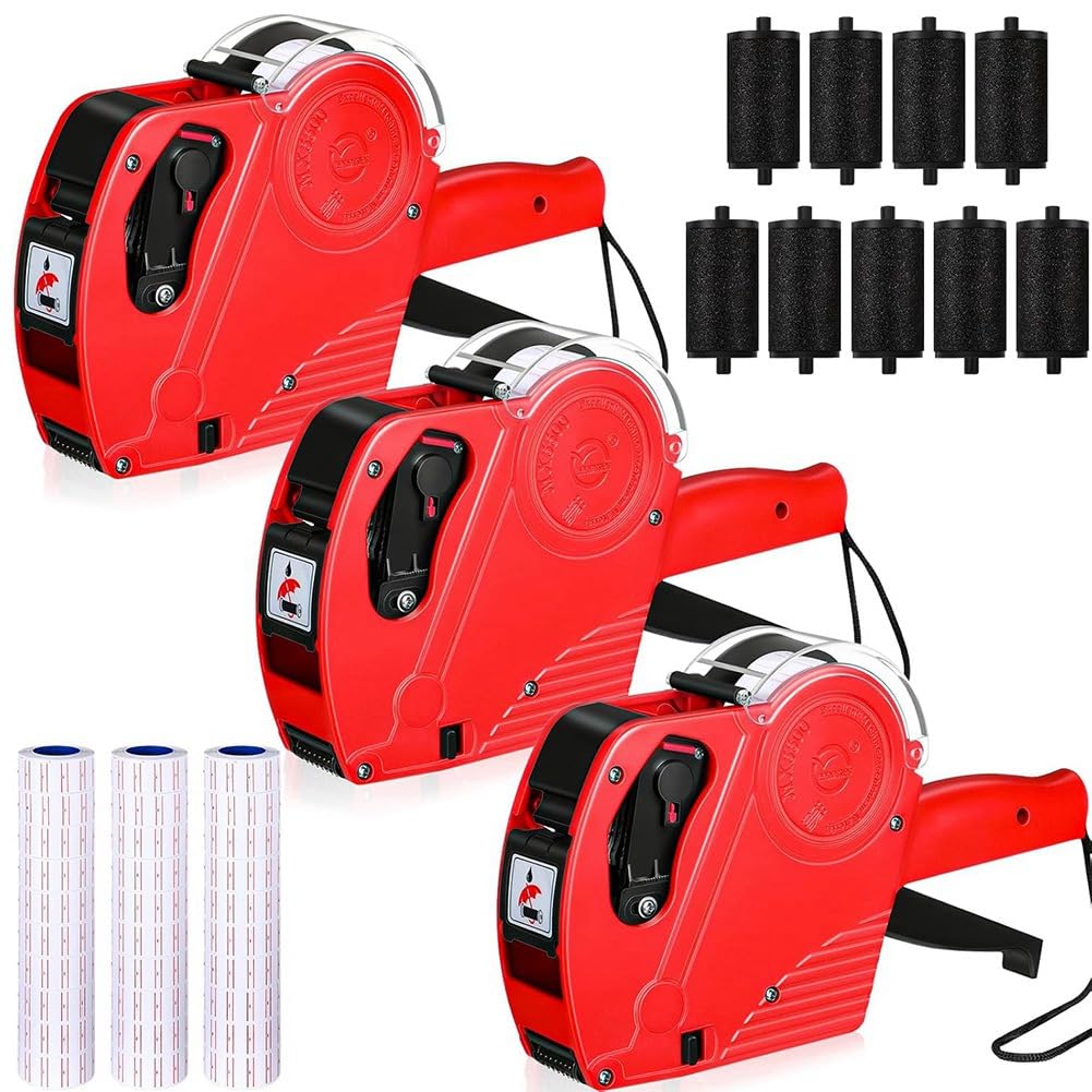 Lot de 3 Pistolets à Étiquettes de Prix à 8 Chiffres avec 30 Rouleaux D'Étiquettes et 9 Rouleaux D'Encre Rouge