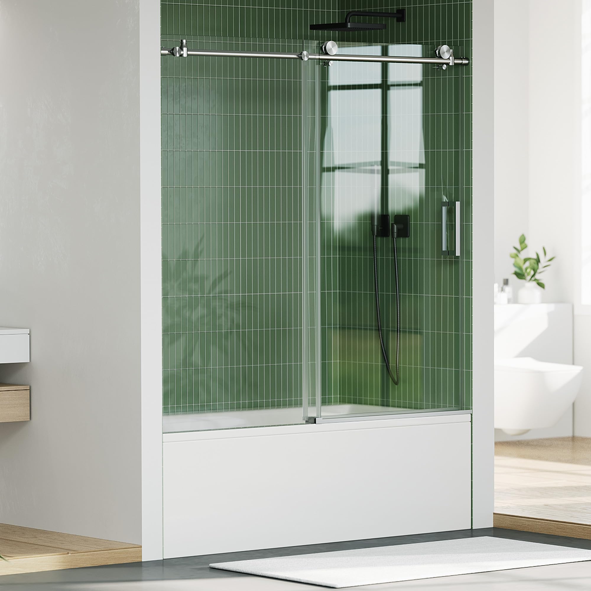 Frameless Bathtub Shower Door, 56-60 Inch W x 59 Inch H Sliding Enclosure, 8mm Tempered Glass, One Fixed &amp; One Sliding Panel, Stainless Steel Rail with 55 Rollers, Brushed Nickel Finish