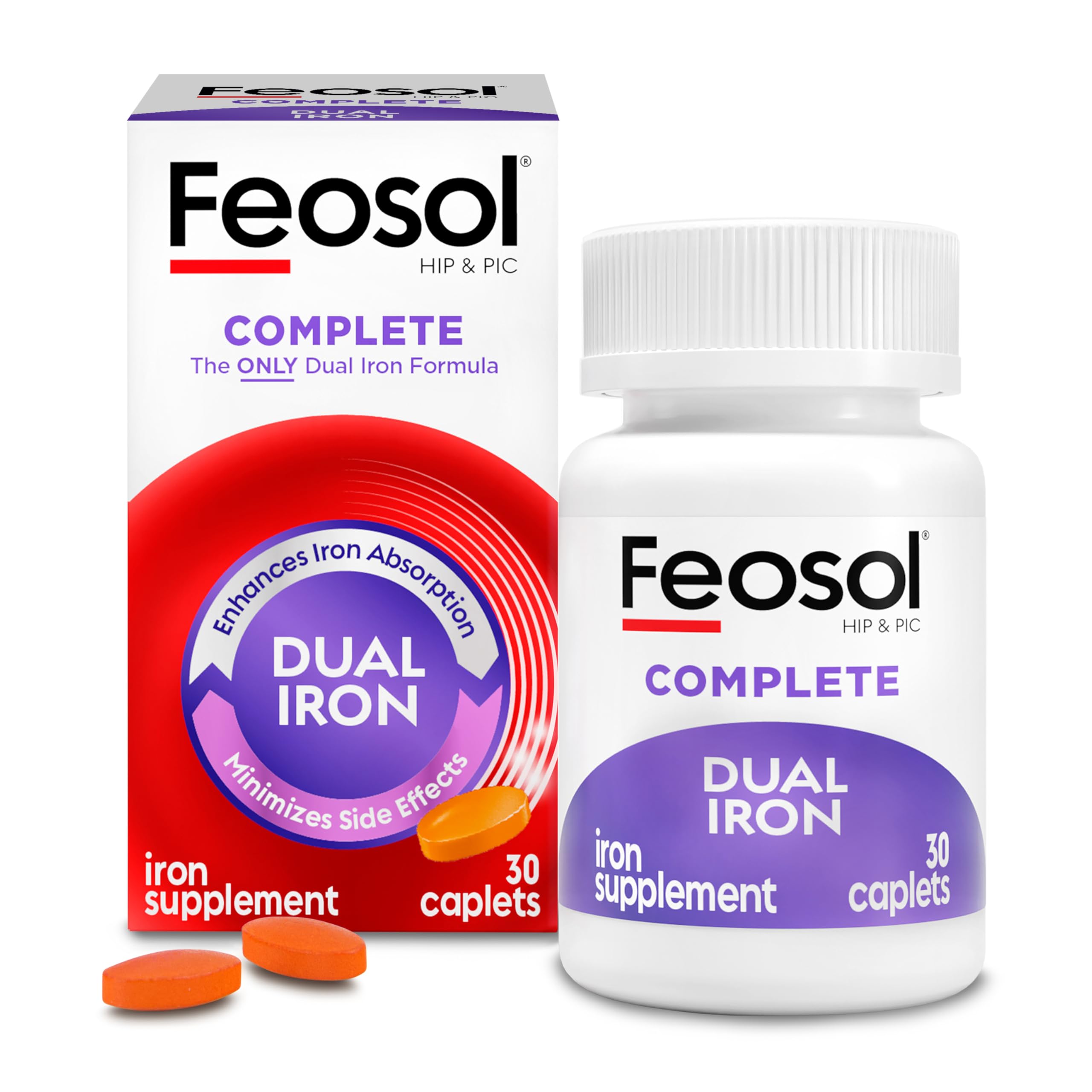 Feosol Complete Iron Supplement Caplets, Bifera Iron for High Absorption, Heme and Non-Heme Dual Action Minimizes Side Effects, 1 Per Day, for Energy and Immune System Support, Made in USA, 30 Count