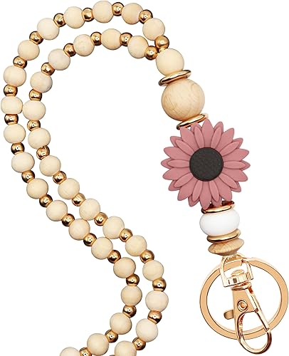 Cordones de madera para profesores con diseño de flores para credencial de identificación, bonitos cordones de cuentas de madera para mujeres, para