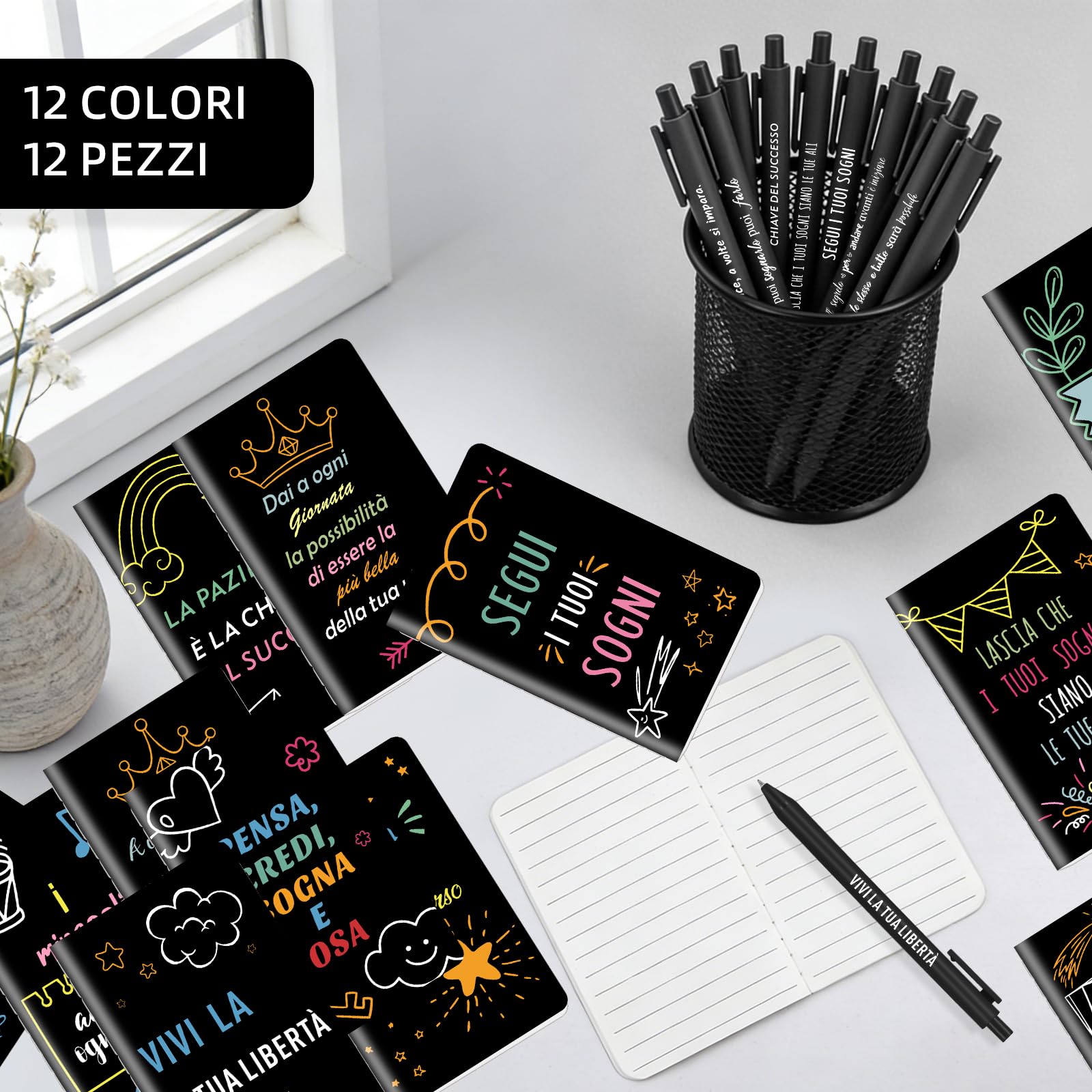 12 zestaw regalo citazioni motivazionali quaderni penne a sfera
