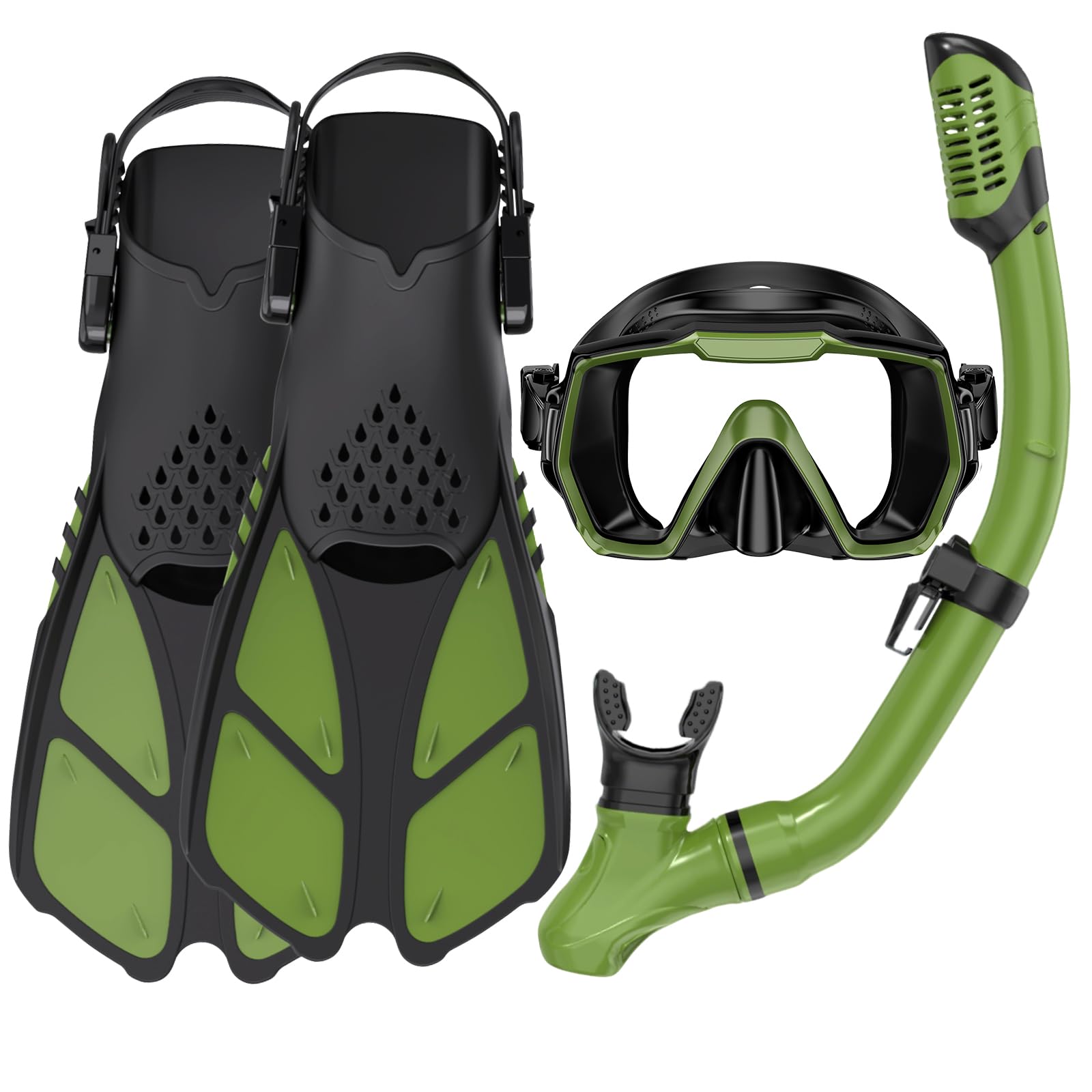 Adults Mask Snorkel Fins Set, Snorkeling Gear for Adult with Fins, Snorkel Sets with Flippers, Adult Anti Leak Scuba Gear with Adjustable Fins Diving Mask Full Dry Top Snorkel with Travel Bags