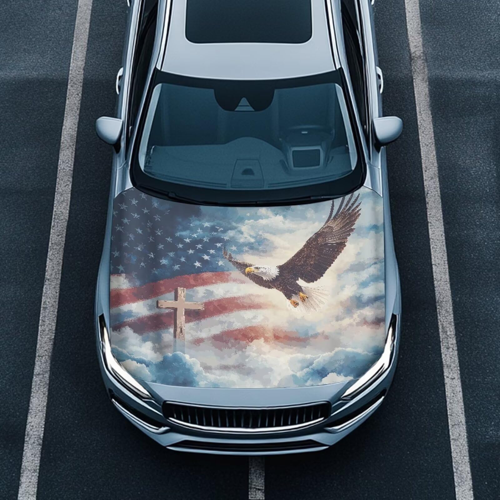 Car Hood Cover,American Flag with Cross Protector Front Auto Bonnet Hood Wrap Cover Washable Stretchable Fabric Hood Wrap Blanket 3.3x5 Ft Soft Breathable