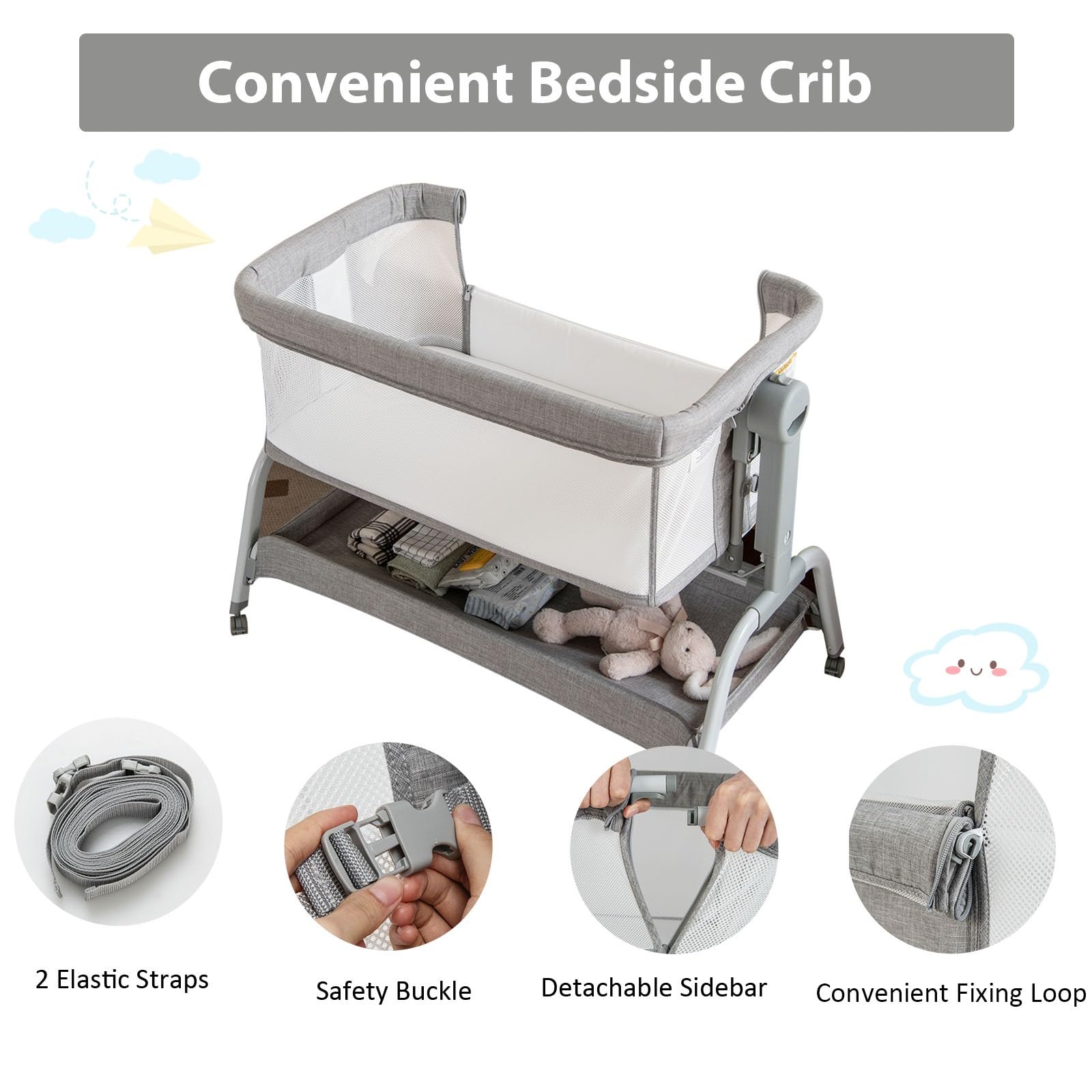 LIFEZEAL Lettino per bambini con zanzariera, materasso e ruote, lettino da viaggio 6 regolazioni in altezza, culla portatile per bambini 0-6 mesi, culla con cestello portaoggetti (Gray)