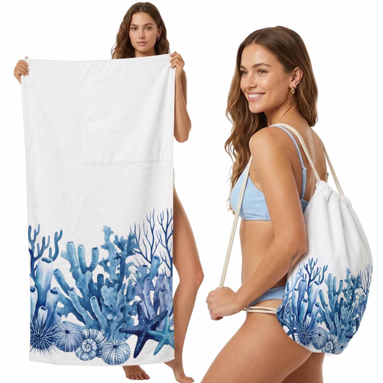 Beach Towel Backpack, Blue Ocean Coral Starfish 2-in-1 Foldable Soft Microfiber Quick Dry Beach Towel 31.5x63in Marine Creature Underwater Theme Lightweight Pool Towels Bag for Travel, Yoga, Gym