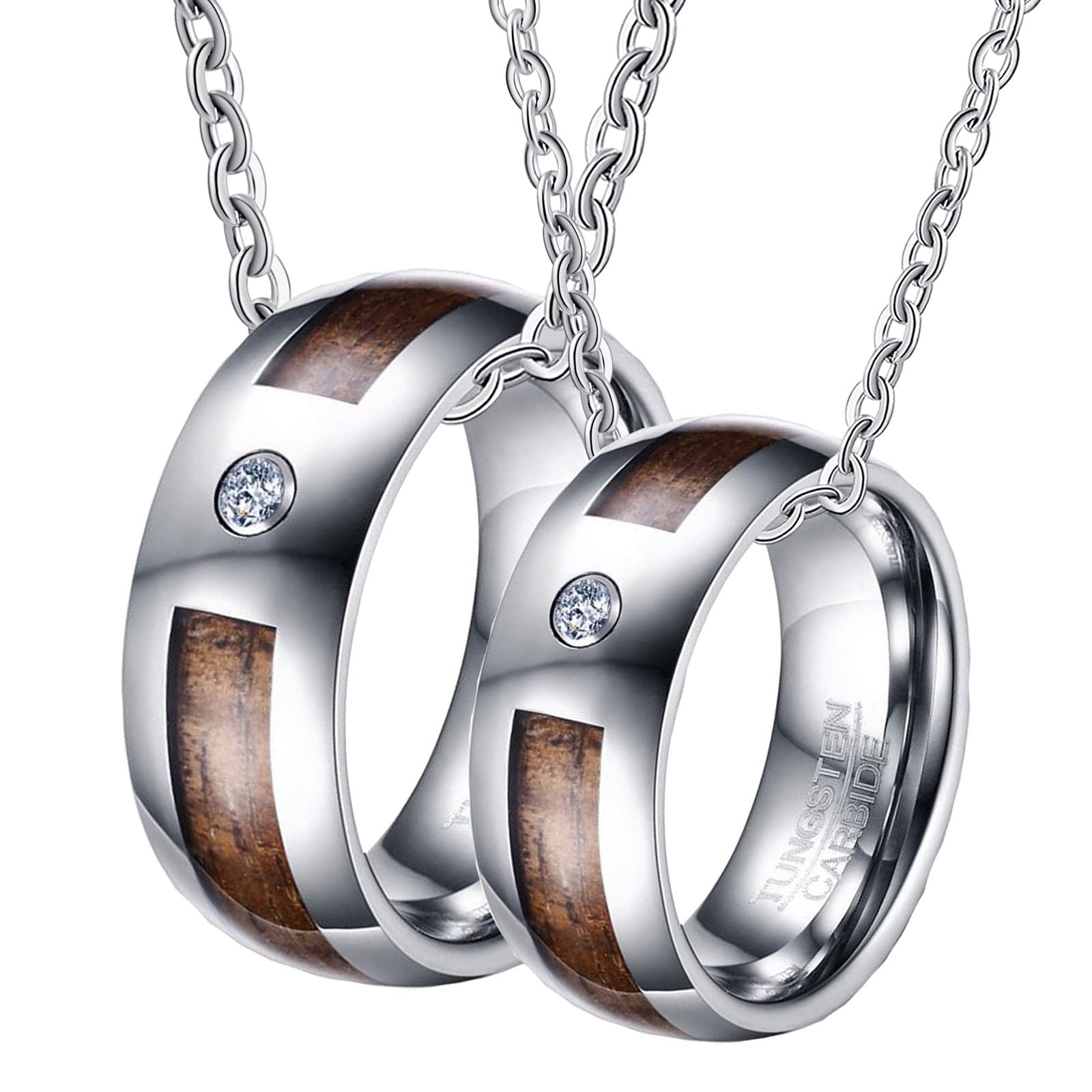 Ketten für Paare 2 Stück, Silberne Kette Halskette Wolfram Zirkonia-Ring mit Holzeinlage Geschenk für Paare
