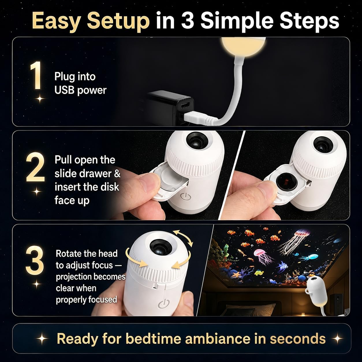 Star Projector Light, 12 Slides, Adjustable Focus, Gooseneck