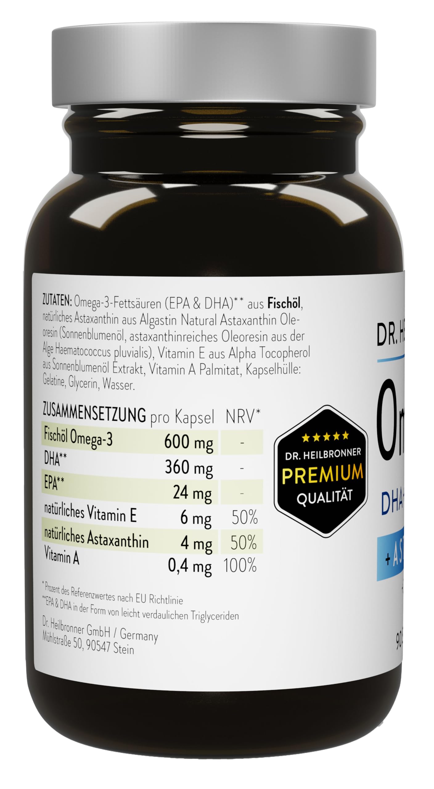 Dr. Heilbronner Omega 3 Astaxanthin Kapseln mit A & Vitamin E in der Glasflasche I Astaxanthin aus Algastin Oleoresin aus der Alge Haematococcus Pluvialis I 90 Gelatine-Kapseln