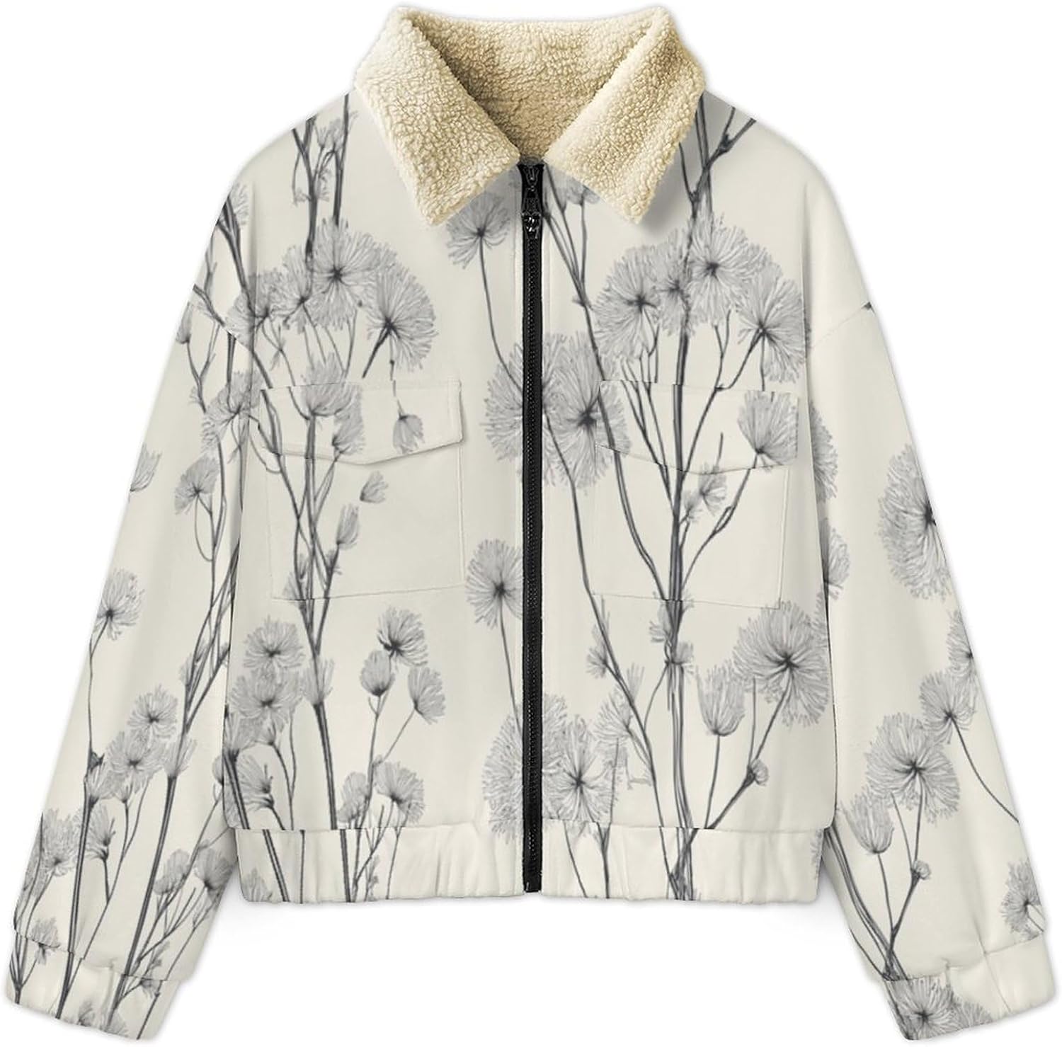 Women's Full Zip Soft Polar Fleece Jacket, Dandelion vine Printed Outdoor Coat, Long Sleeve Comfortable Outerwear