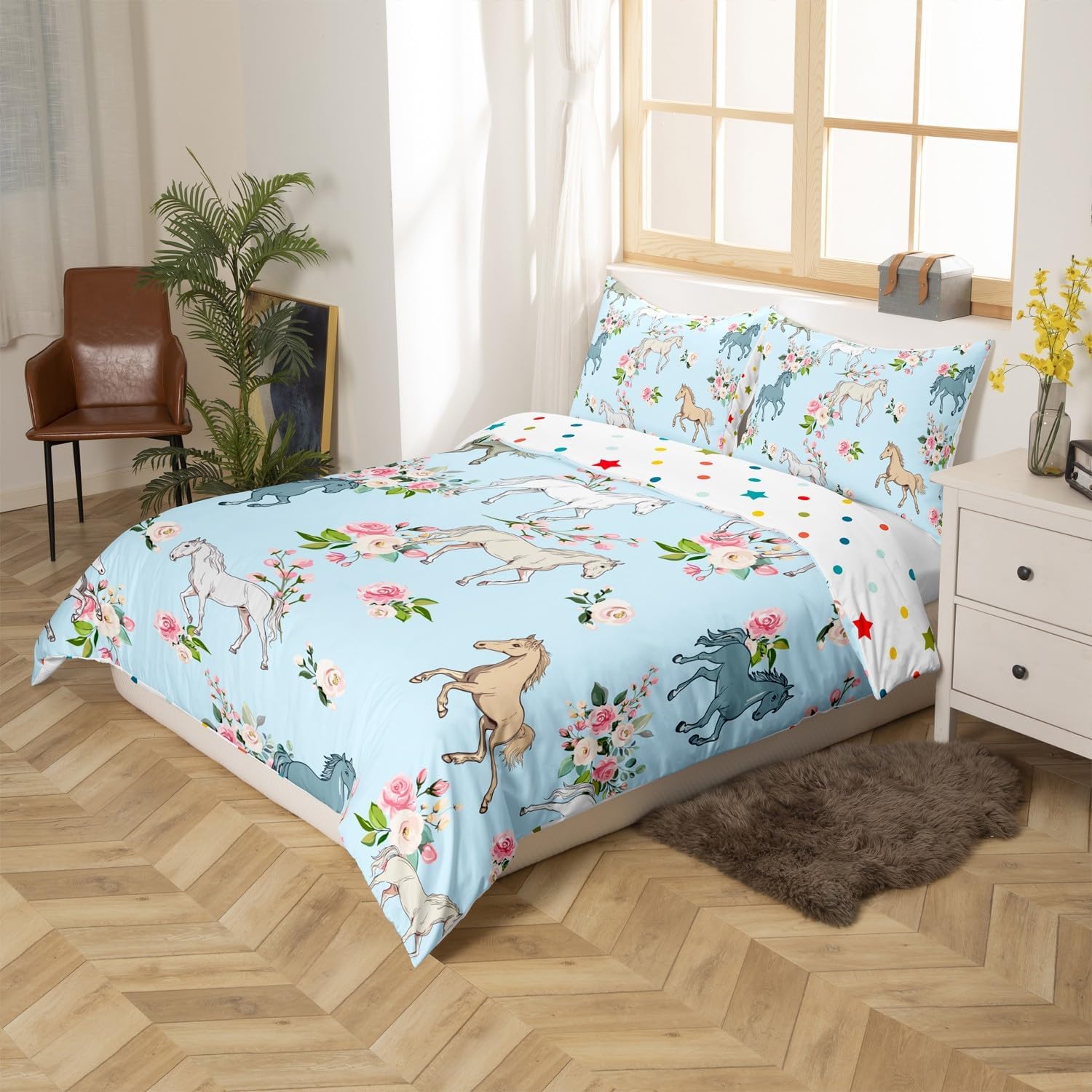Horse Duvet Cover Twin Size, Farmhouse Western Cowboy Cowgirls Bed Sets for Kids Boys Girls Teens, Cartoon Kawaii Horse Comforter Cover Bedroom Decor, Rustic Rose Floral Bedding Set + 1 Pillow Case