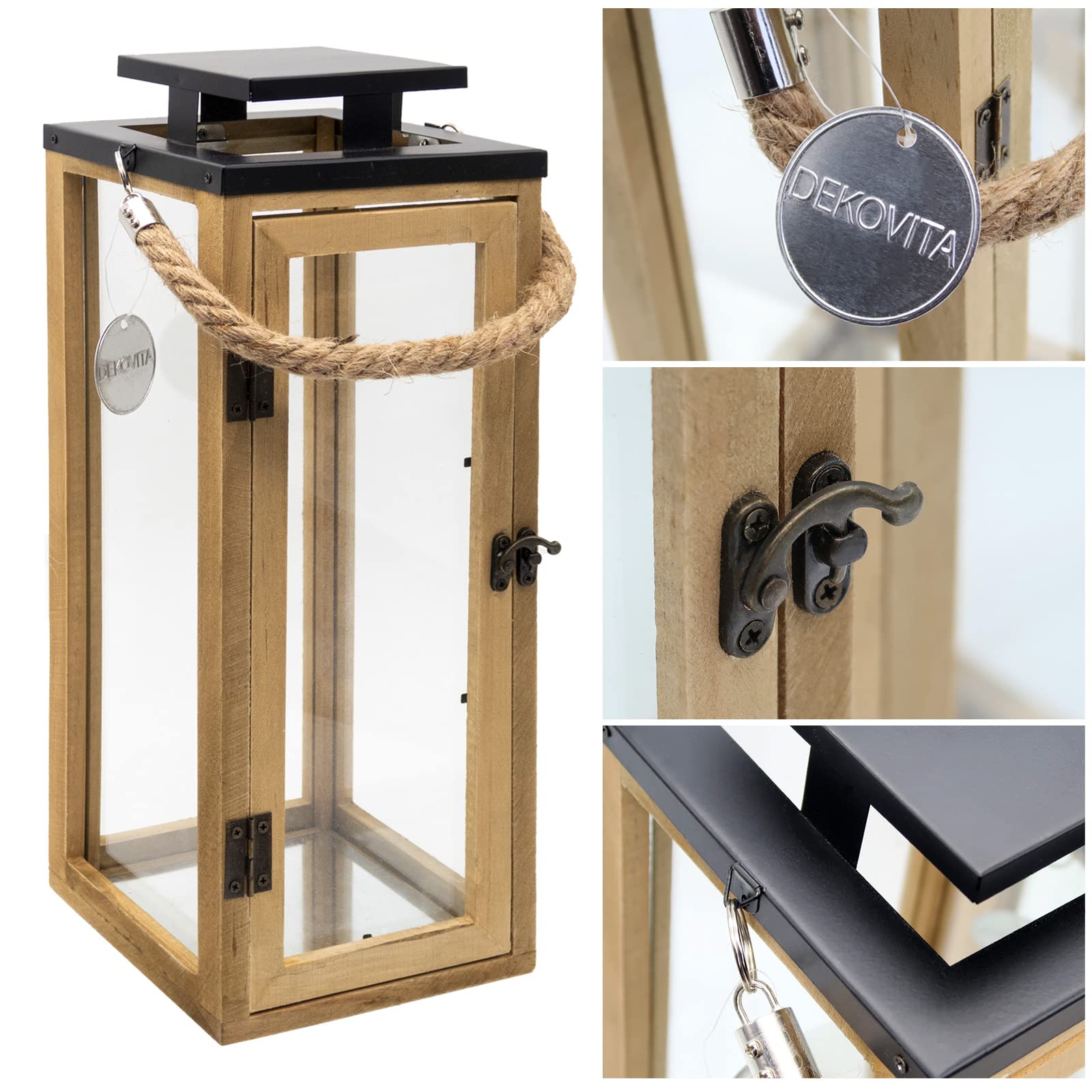 Dekovita 2er-Set Gartenlaterne 30cm / 42cm - Holz-Laternen inkl. Kordel Henkel - Windlicht Deko-Laterne Naturholz