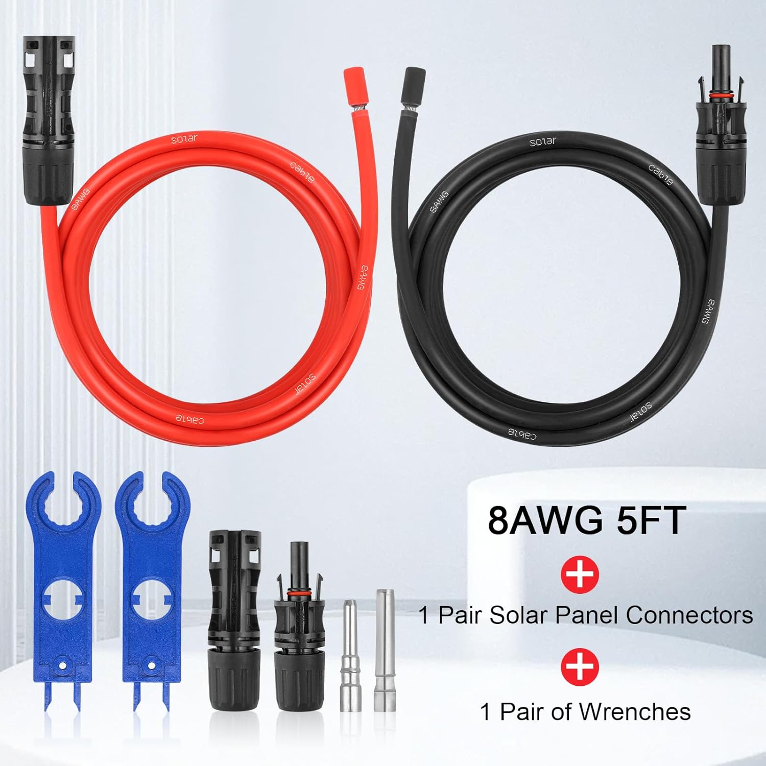 MOOKEERF 8AWG Solar Extension Panel Cable - 5FT PV Wire with Waterproof Female and Male Connector and Adaptor Kit Tool PV Wire for RV, Home, Boat, Solar Panels(5feet Red + 5feet Black)