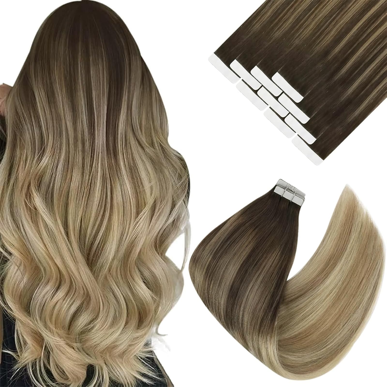 Ve Sunny Tape in Hair Extensions Real Human Hair Invisible Remy Human Hair Straight Tape Ins Double Sided Dark Brown Balayage Dark Golden Blonde