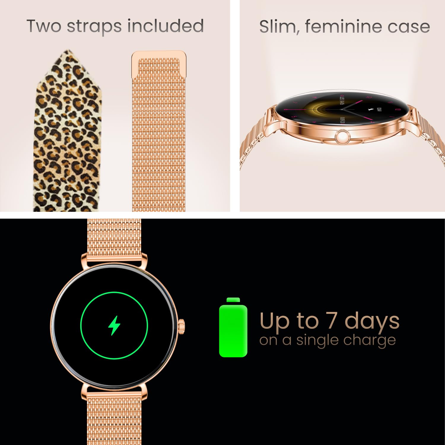 Forever Smartwatch Lucca SB-370 - Zegarek Damski z Funkcją Dzwonienia, Wodoodporny, Sportowy, Kobiecy Dodatek, Dwa Paski, Modny Wzór Panterka, Rosegold, Zegarek na Ręke