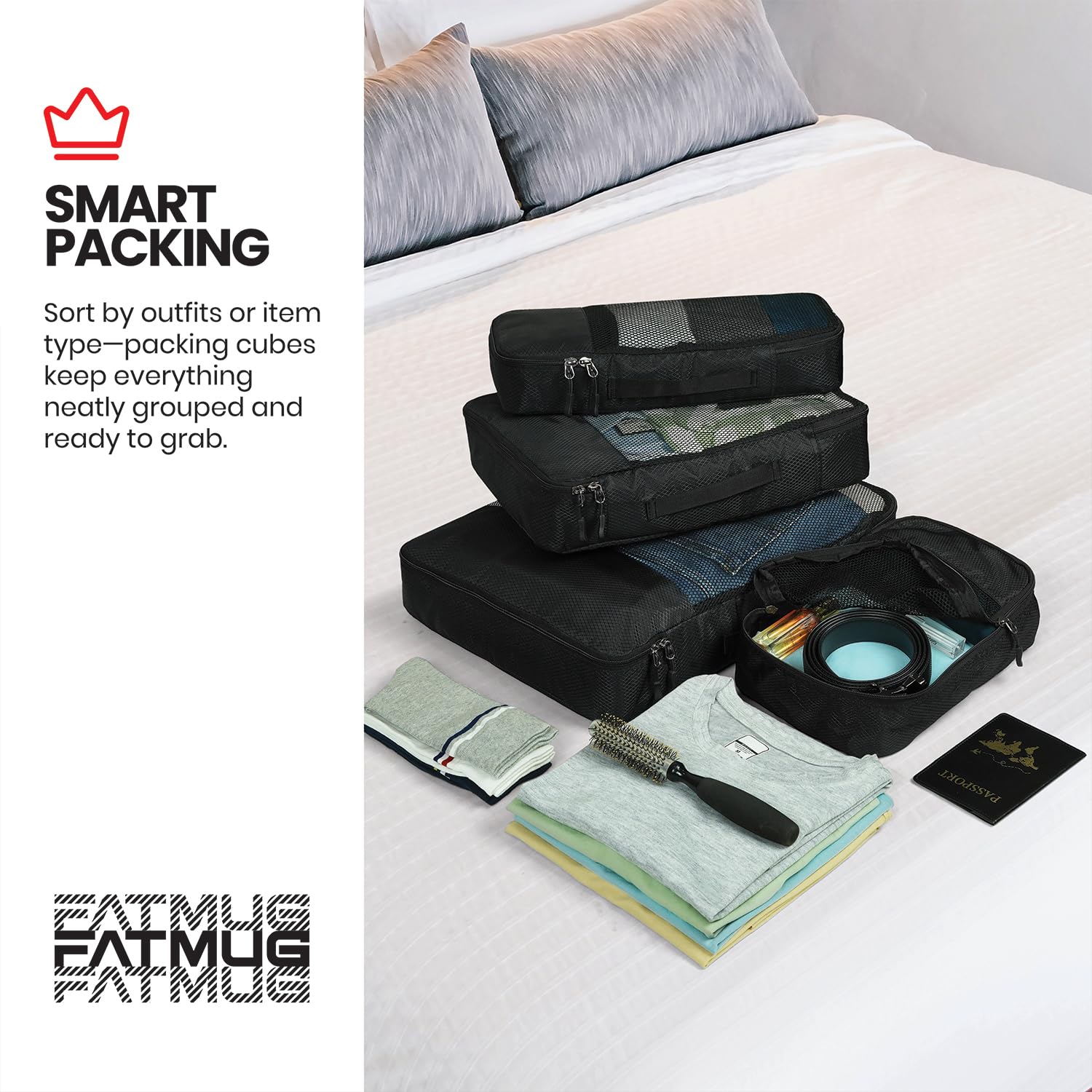 FATMUG Polyester Packing Cubes Travel Bag Organiser Set Of 6 (1 Large, 2 Medium, 2 Small And 1 Slim) -Black 3