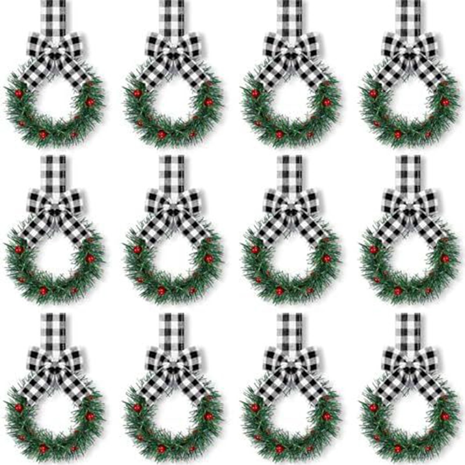 Lerpwige 12Pcs Artificial Wreath 13cm Small Christmas Wreaths Ribbon Bows Wreath for Front Door Kitchen Cabinets Wall Window Small Christmas Decorations