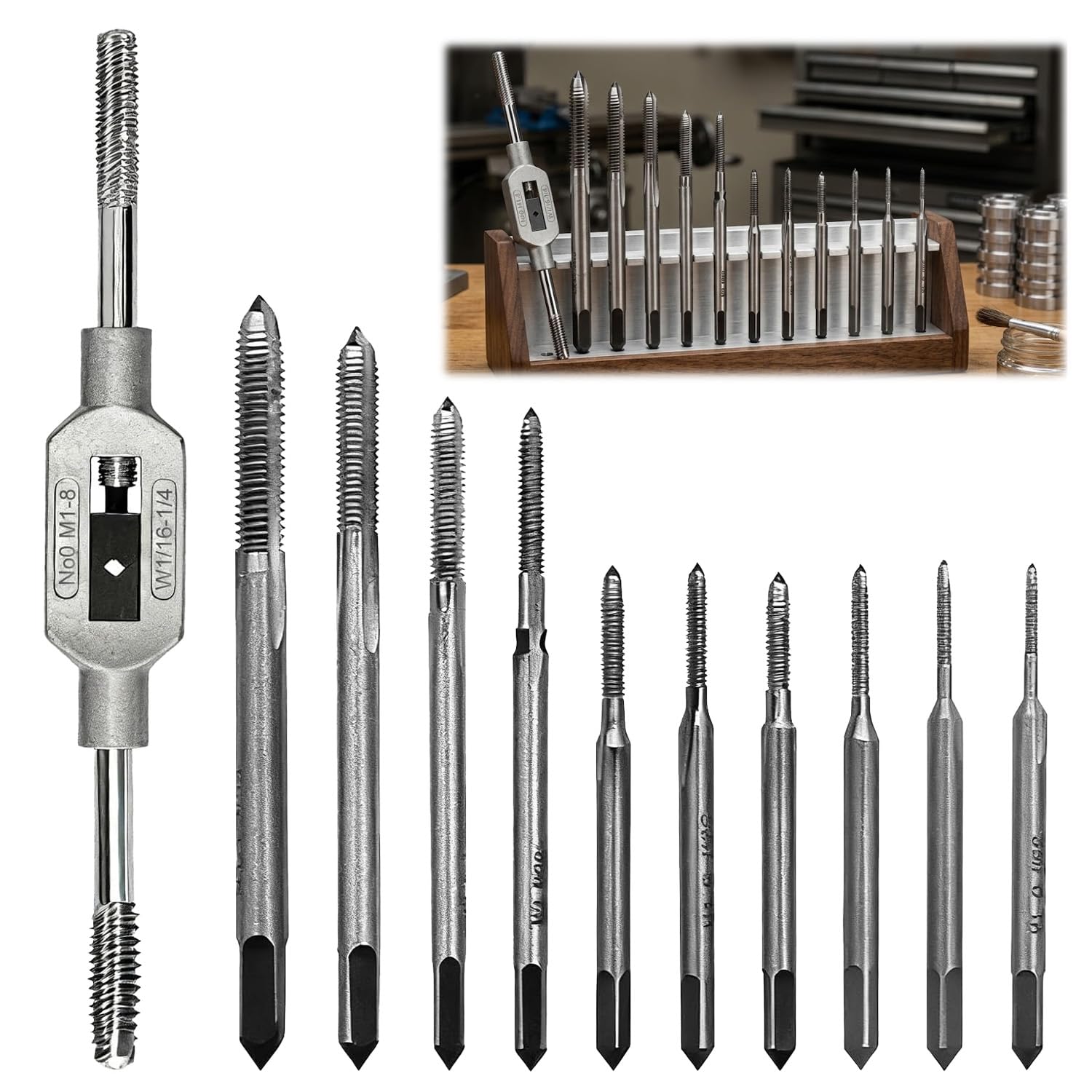 10Pcs Mini Hand Tap Drill Set with Adjustable Tap Wrench Metric Thread Tap Kit M1–M3.5, HSS Straight Flute Hand Tapping Tools for Machinists, DIY, Electronics, RC Models