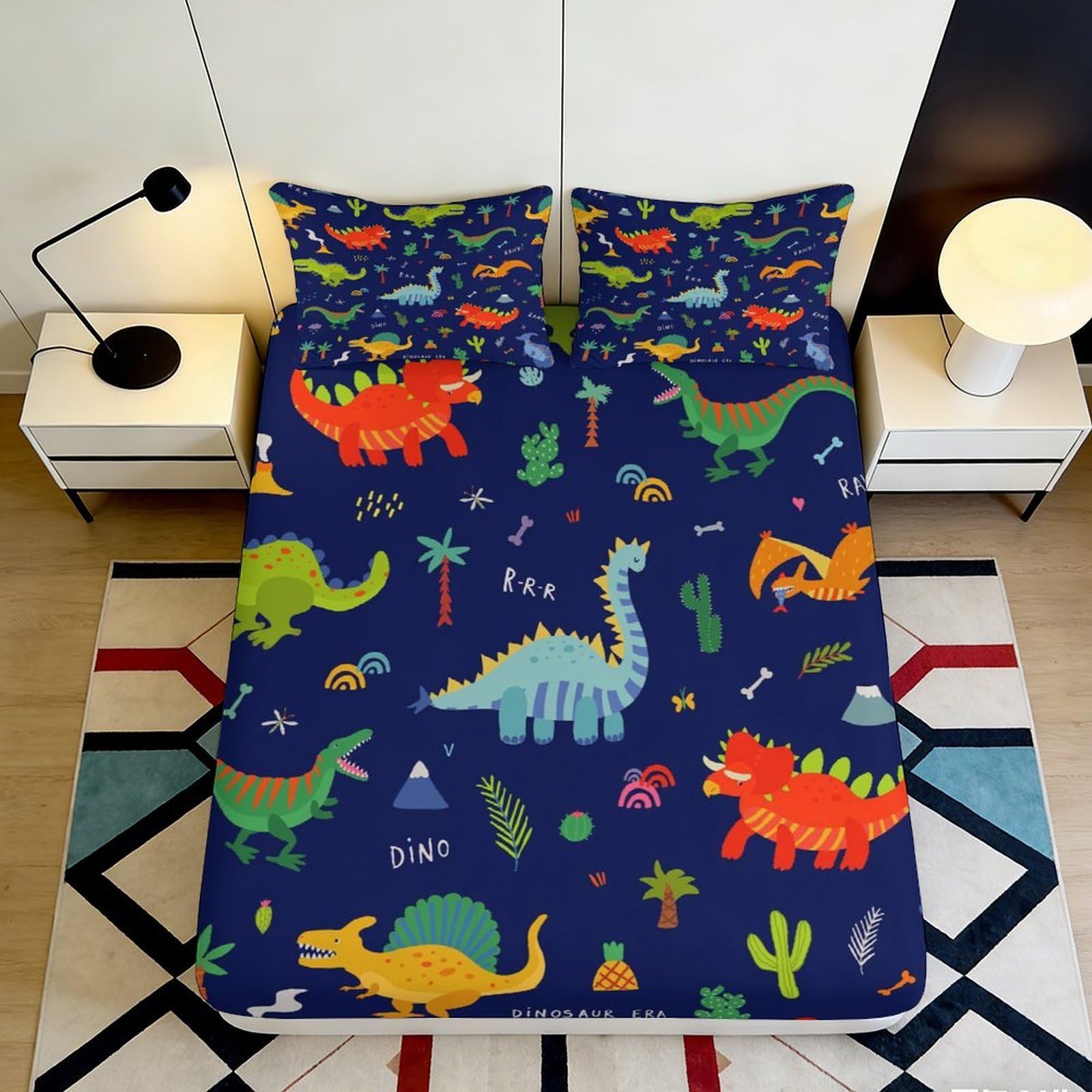 3D Printed Dinosaur Fitted Sheet Microfiber Non-Slip Deep Pocket Dinosaur Mattress Fitted Cover for Bedroom Bedding 90x200x25cm