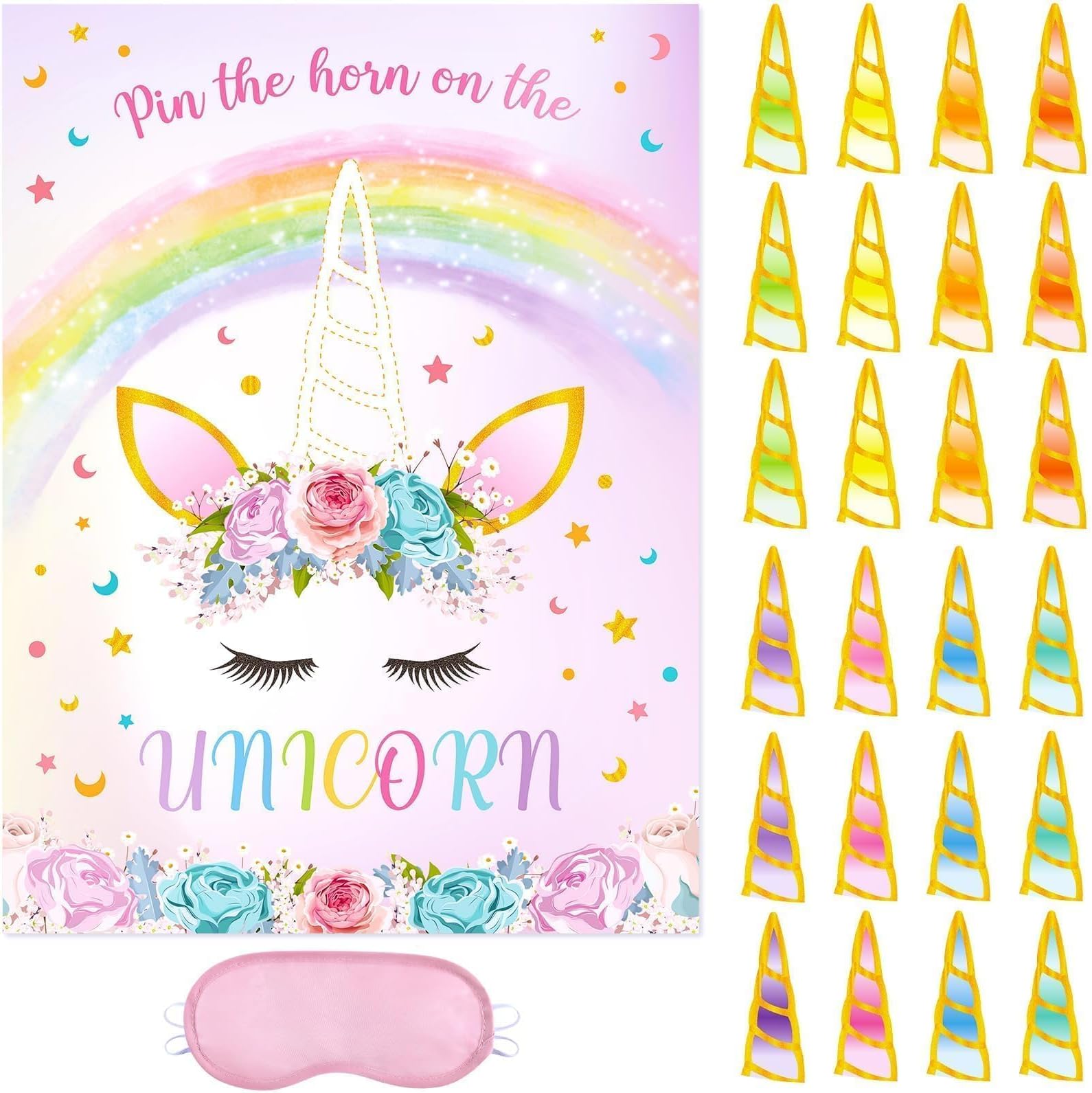 WERNNSAI Pin The Horn on The Unicorn - Unicorn Birthday Decorations Birthday Party Games for Kids Poster with 24 Horn Stickers Girls Rainbow Party Favors Supplies Home Wall Decor