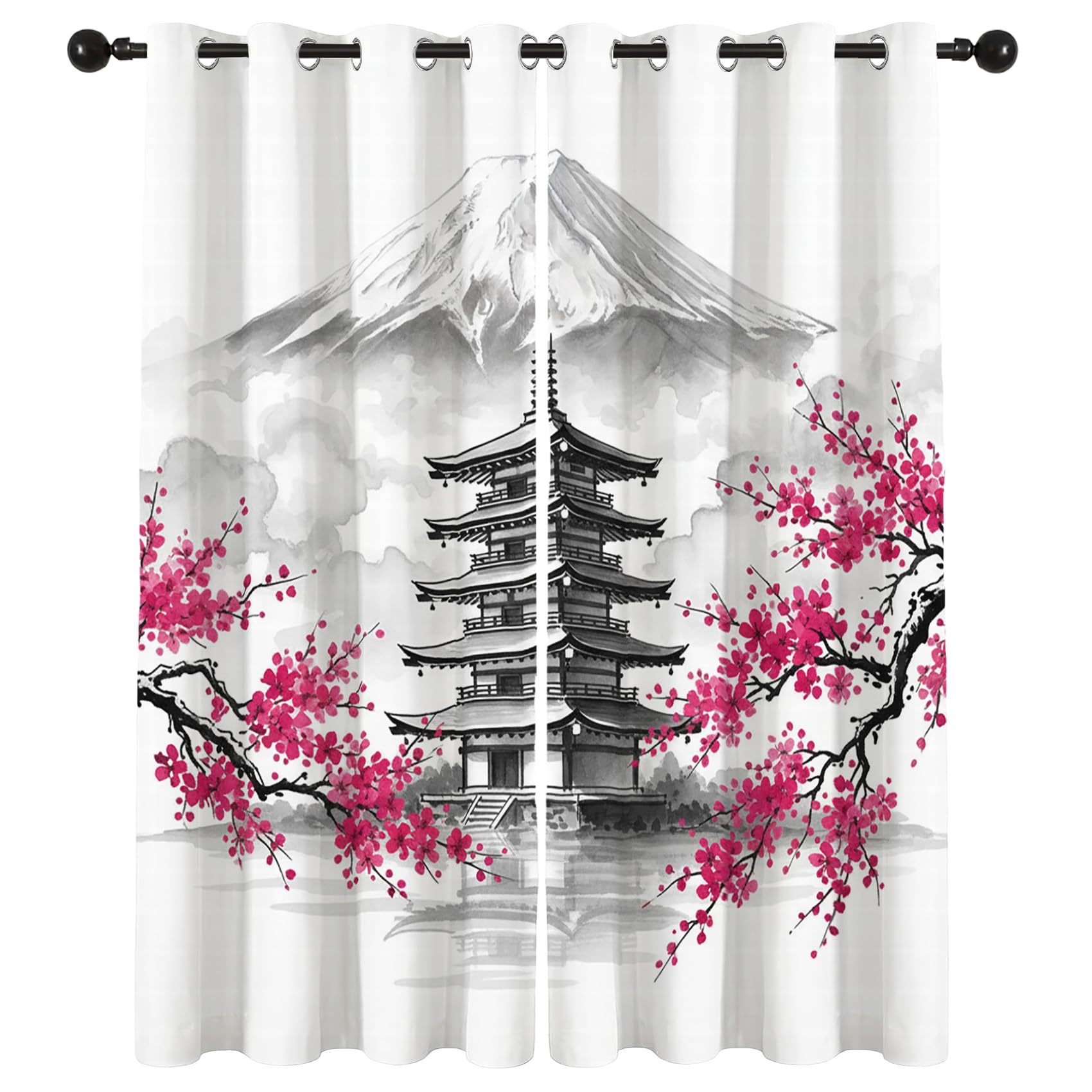 Rideau Occultant Thermiques Fleur de Cerisier Mont Fuji Japonais - Lot de 2 Rideaux Imprimé pour Salon Chambre Fenetre Cuisine, Rideaux et Draperies Intérieurs à Oeillets, 140x220 cm (LxH)