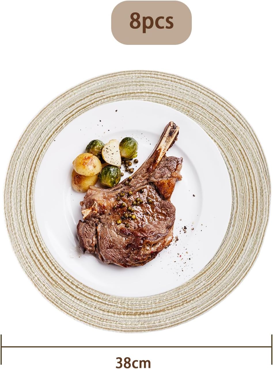 Set of 8 Round Beige Washable Placemats 38cm, Round Breakfast Lunch Placemat, Elegant Round Placemats, Woven Placemats for Kitchen Table, Dining Table Place Mats