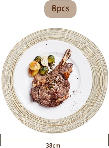 8 Piezas Manteles Individuales Redondos Lavables 38 cm Trenzado, Place Mats for Dining Table, Antideslizante Salvamanteles Mantel Individual Redondo Beige para la Mesa de Cocinaa - 2