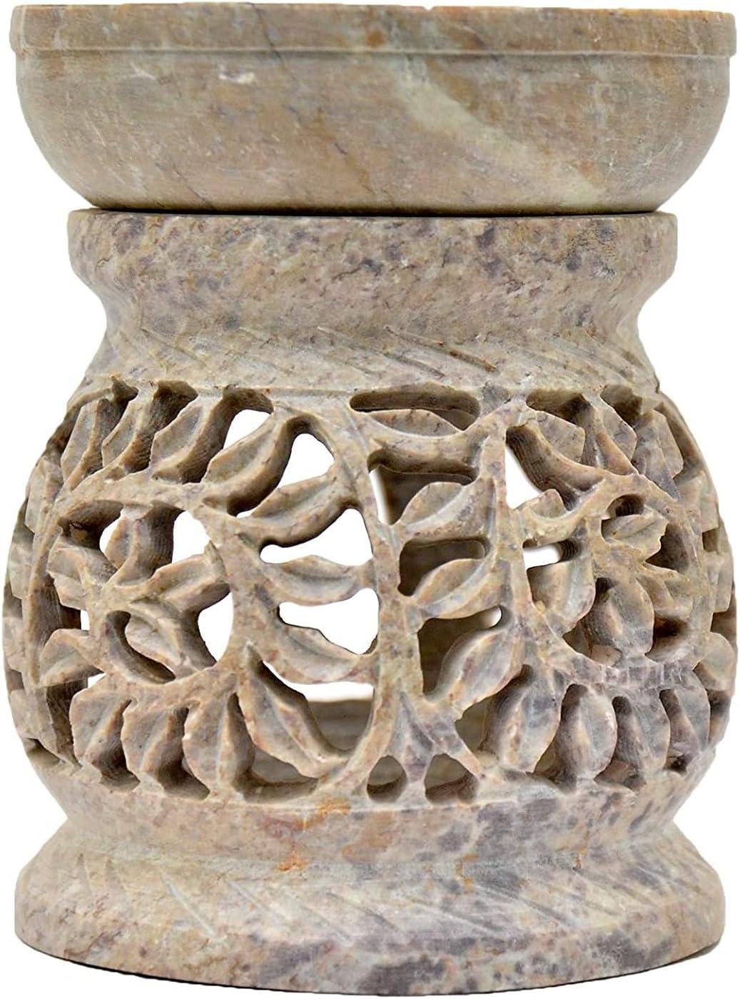 Artist Haat Gift Deals - Essential Oil Diffuser, Oil Burner, Oil Warmer with Tea Light Holder for Aromatherapy - Artisan Handcarved Soapstone 3" with Intricate Elegant Tendril Openwork